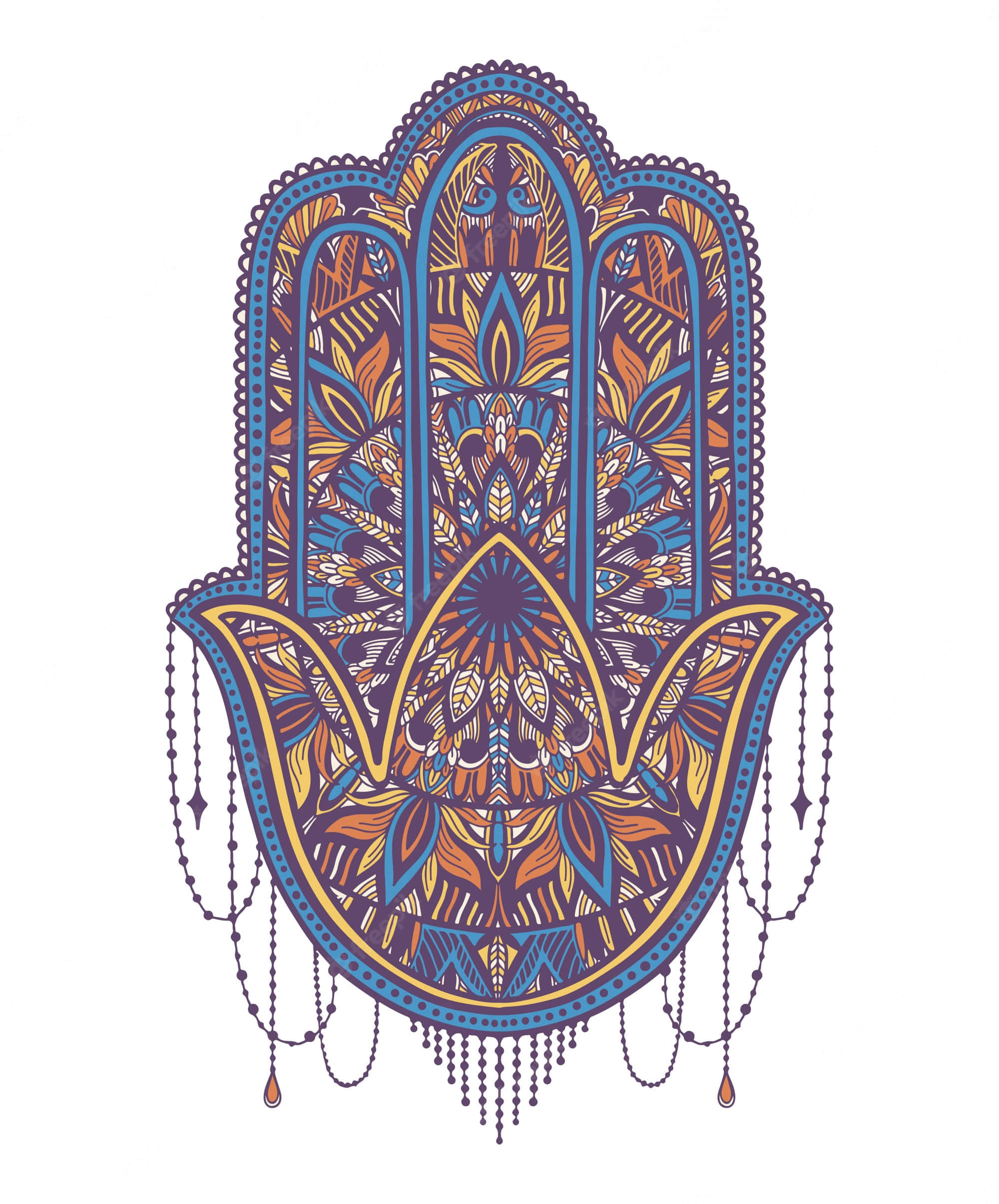 Hamsa 桌布 壁紙 — 一隻圖案複雜的Hamsa手，帶有藍色、金色和橙色的曼陀羅設計和懸掛的珠子。