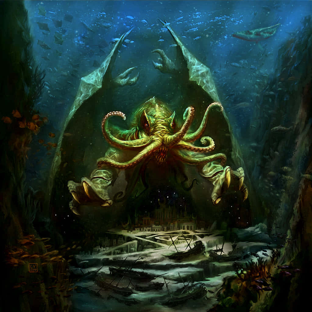 一隻在海洋中的章魚畫作 壁紙