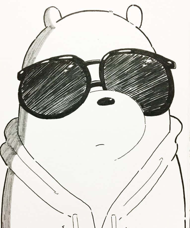 Cartoon Polar Bear 桌布 壁紙 — 一隻型格卡通熊，戴著超大太陽眼鏡和連帽衛衣，以黑白素描風格呈現。