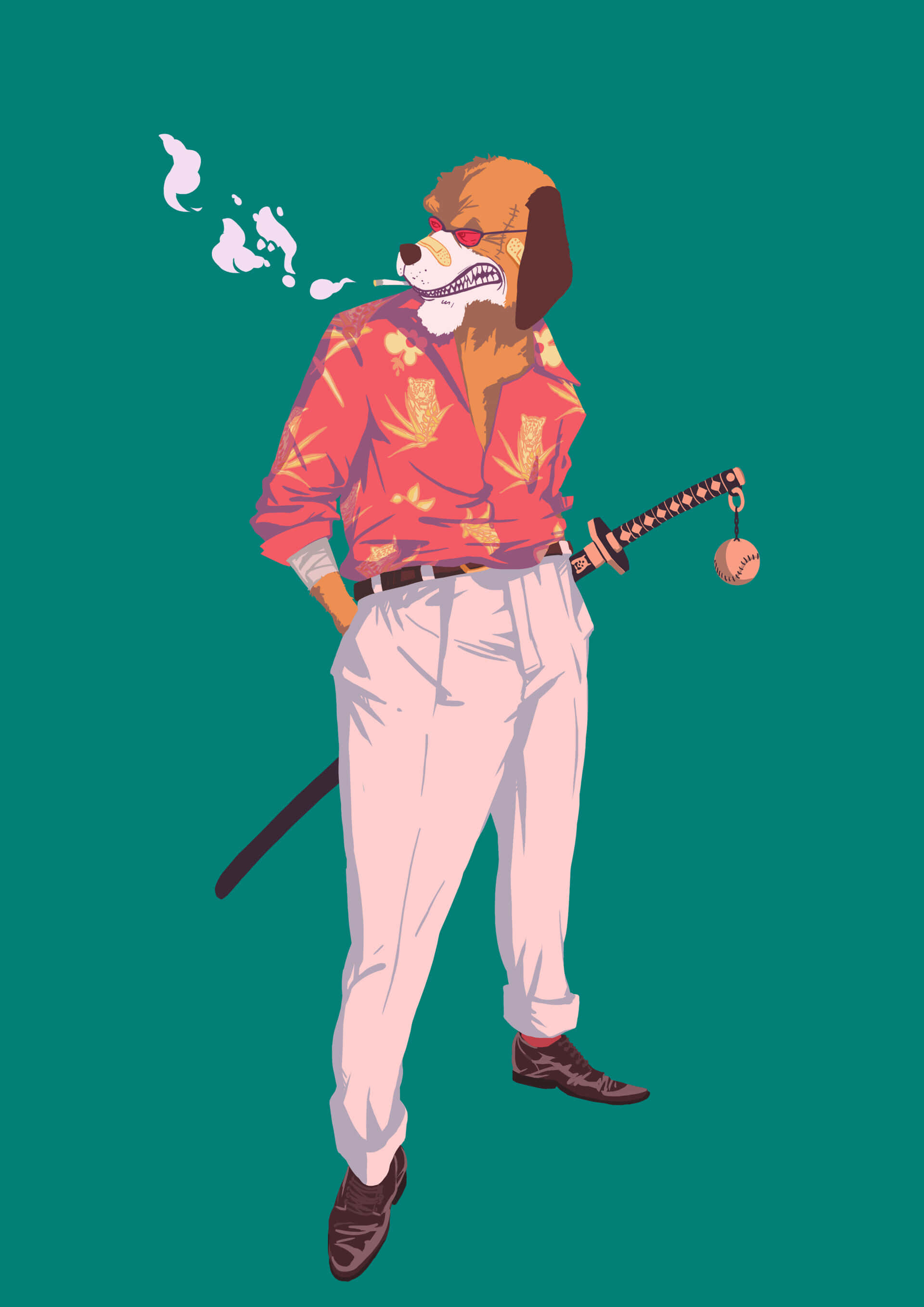 Inuarashi 桌布 壁紙 — 一隻型格嘅擬人化比高獵犬，著住紅色花恤衫，食緊煙，同時揸住一把掛住棒球嘅武士刀。