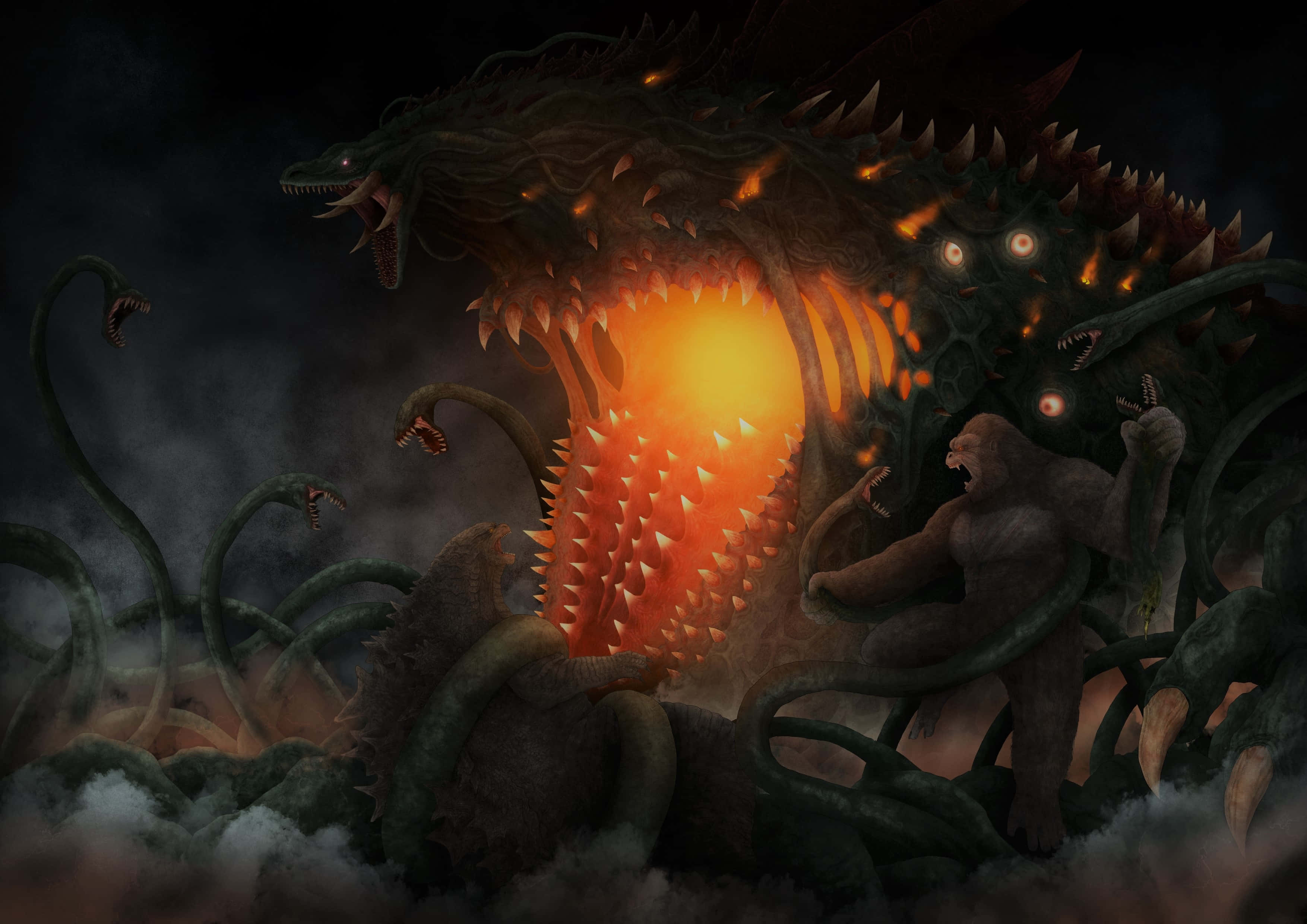 Godzilla Vs Biollante 桌布 壁紙 — 一隻多頭怪獸龍，擁有發光的橙色嘴巴和尖刺鱗片，在烏雲和煙霧中籠罩著一隻咆哮的猿猴。