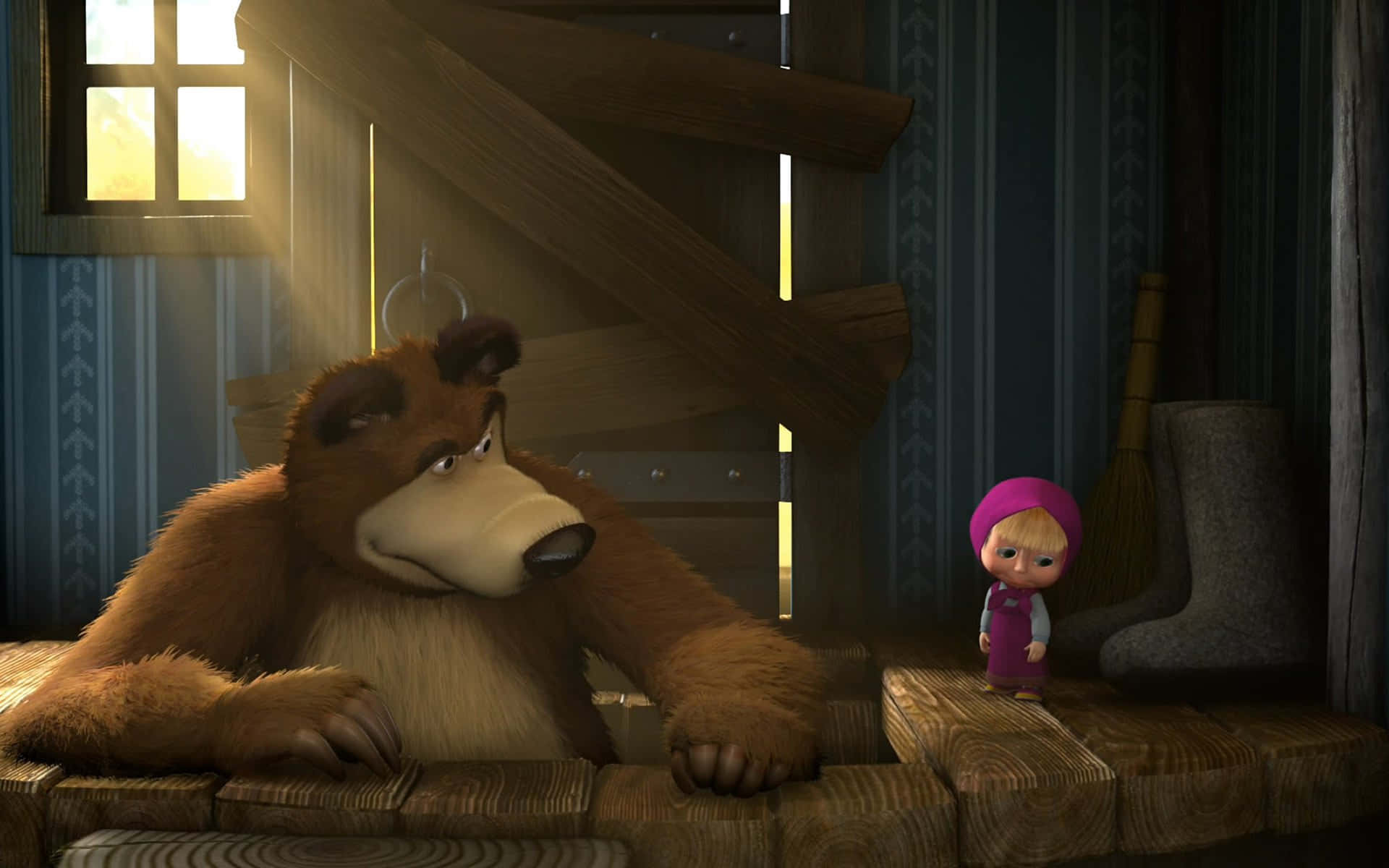 Masha And The Bear 桌布 壁紙 — 一隻大棕熊和一個戴著紫色帽子的小女孩坐在舒適木屋內的木階上，陽光從窗戶照射進來。