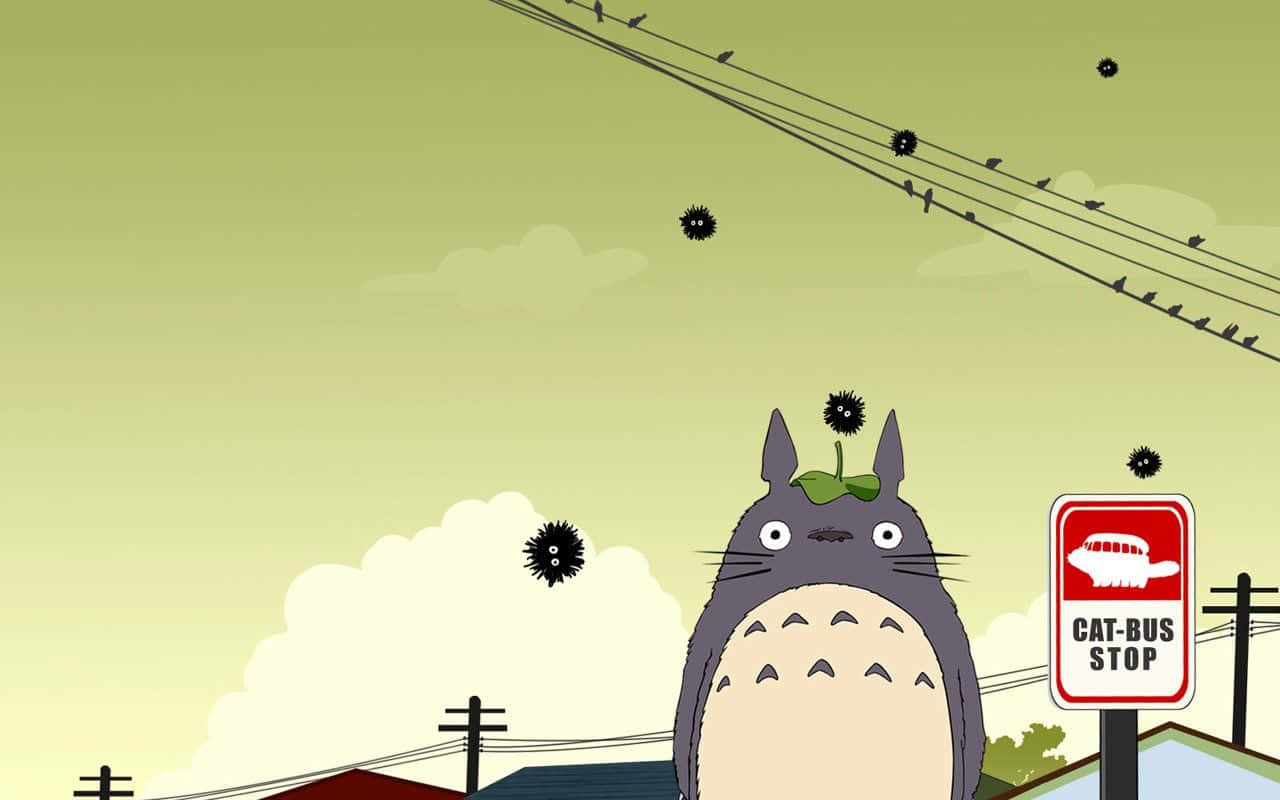 my neighbor totoro 桌布 壁紙 — 一隻大灰龍貓站在貓巴士站牌旁，淡綠色天空下漂浮著尖刺種子，電線上有鳥兒。