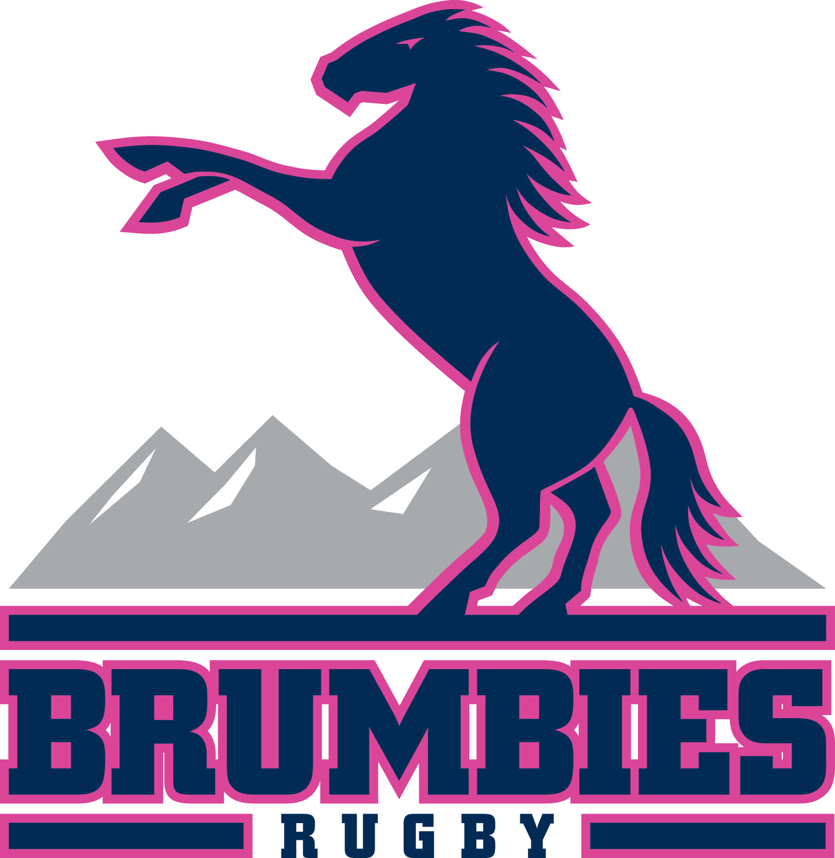 Brumbies 桌布 壁紙 — 一隻大膽的海軍藍馬匹帶有粉紅色輪廓，在灰色山脈上揚起，白色天空下，下方有'BRUMBIES RUGBY'文字。