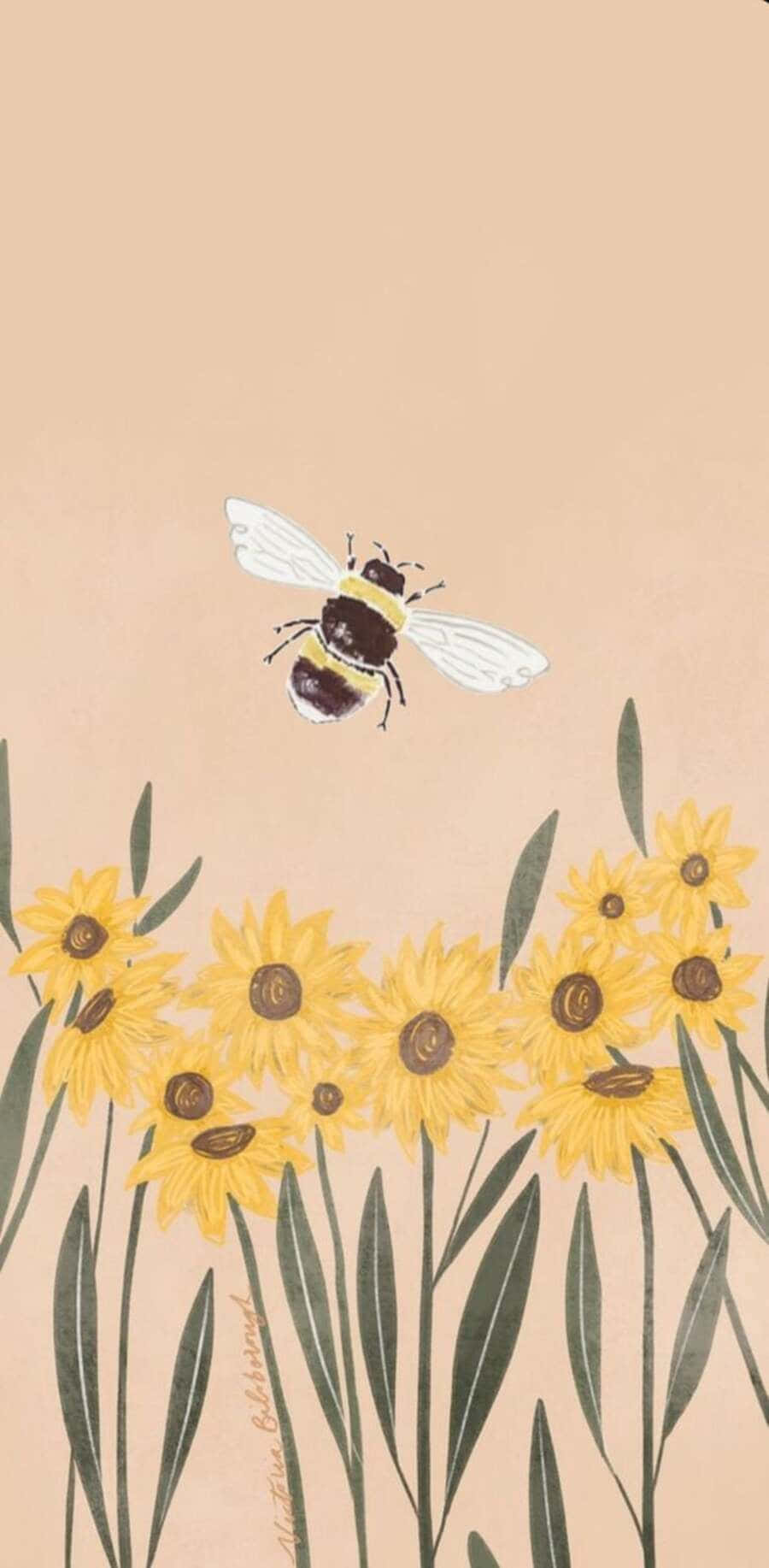 Aesthetic Bee 桌布 壁紙 — 一隻大黃蜂在柔和的蜜桃色背景上，盤旋於一簇鮮黃色向日葵之上。
