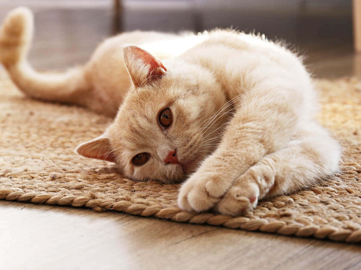 American Shorthair 桌布 壁紙 — 一隻奶油色的貓咪在編織地毯上放鬆休息，柔和的金色光線突顯其蓬鬆的毛髮。