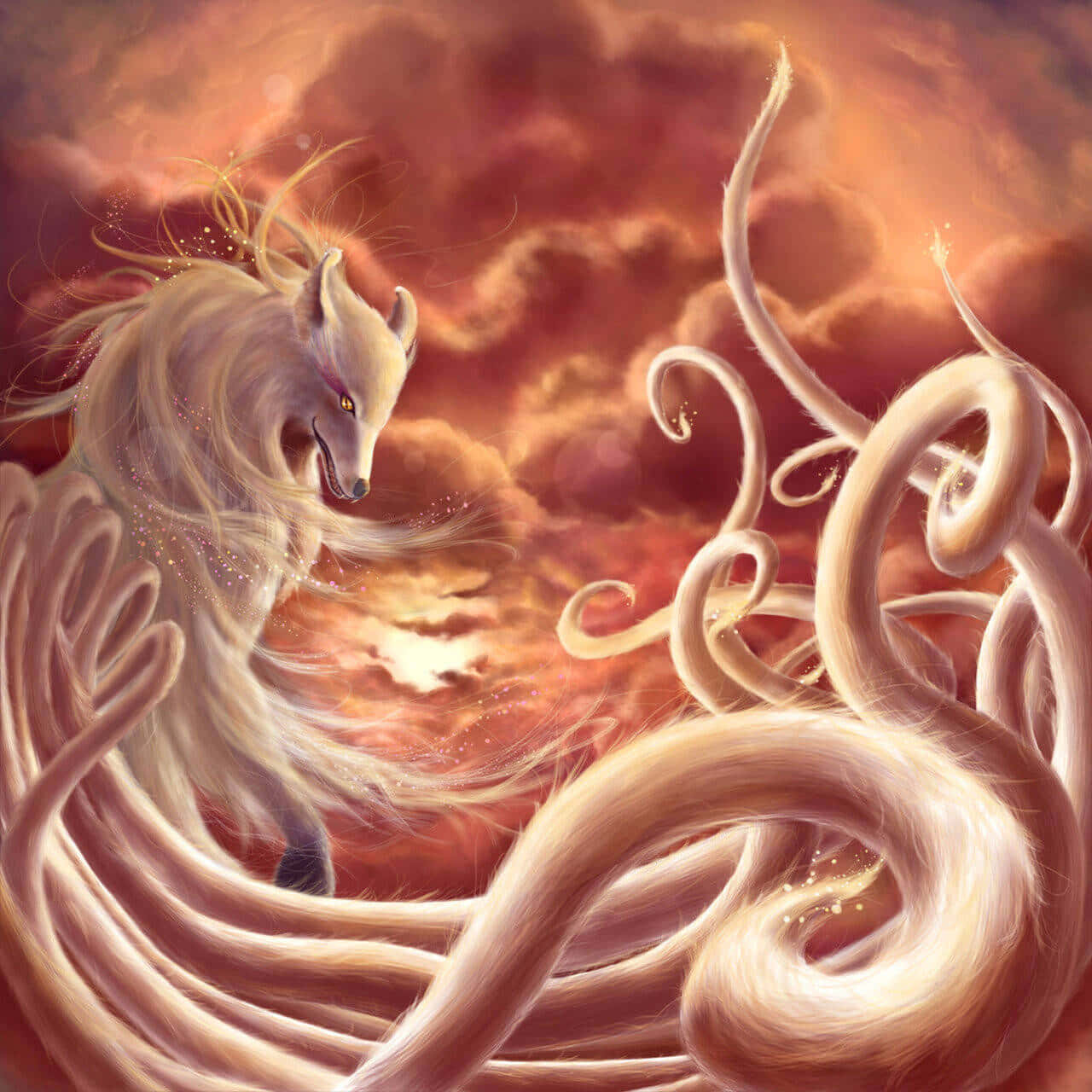 An Intensely Passionate Cool Anime Fox 壁紙 — 一隻威嚴的九尾白狐，琥珀色眼睛發光，在火紅橙色的雲天中蓄勢待發。