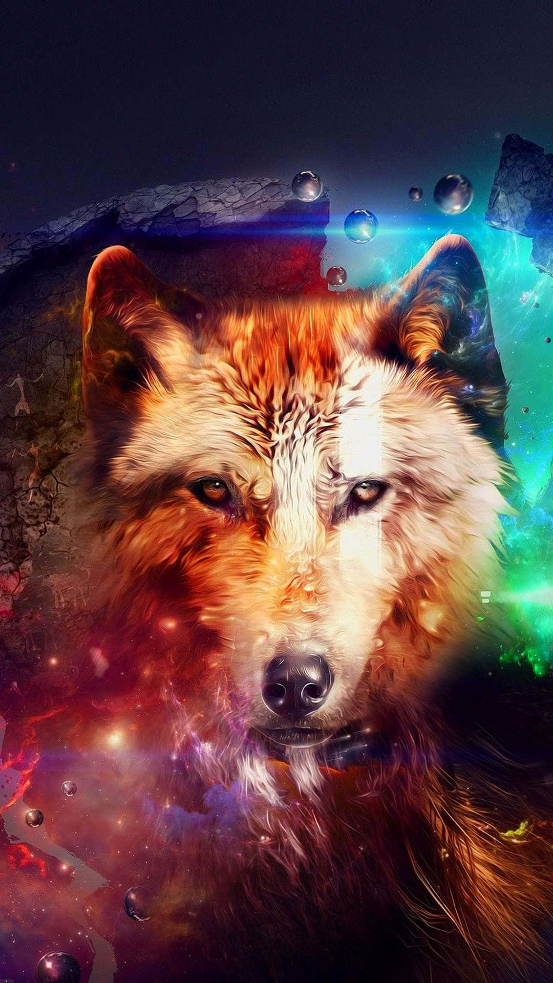 Alpha Wolf 桌布 壁紙 — 一隻威嚴的狼臉從宇宙星雲中浮現，伴隨著發光的氣泡和破碎的岩石結構。