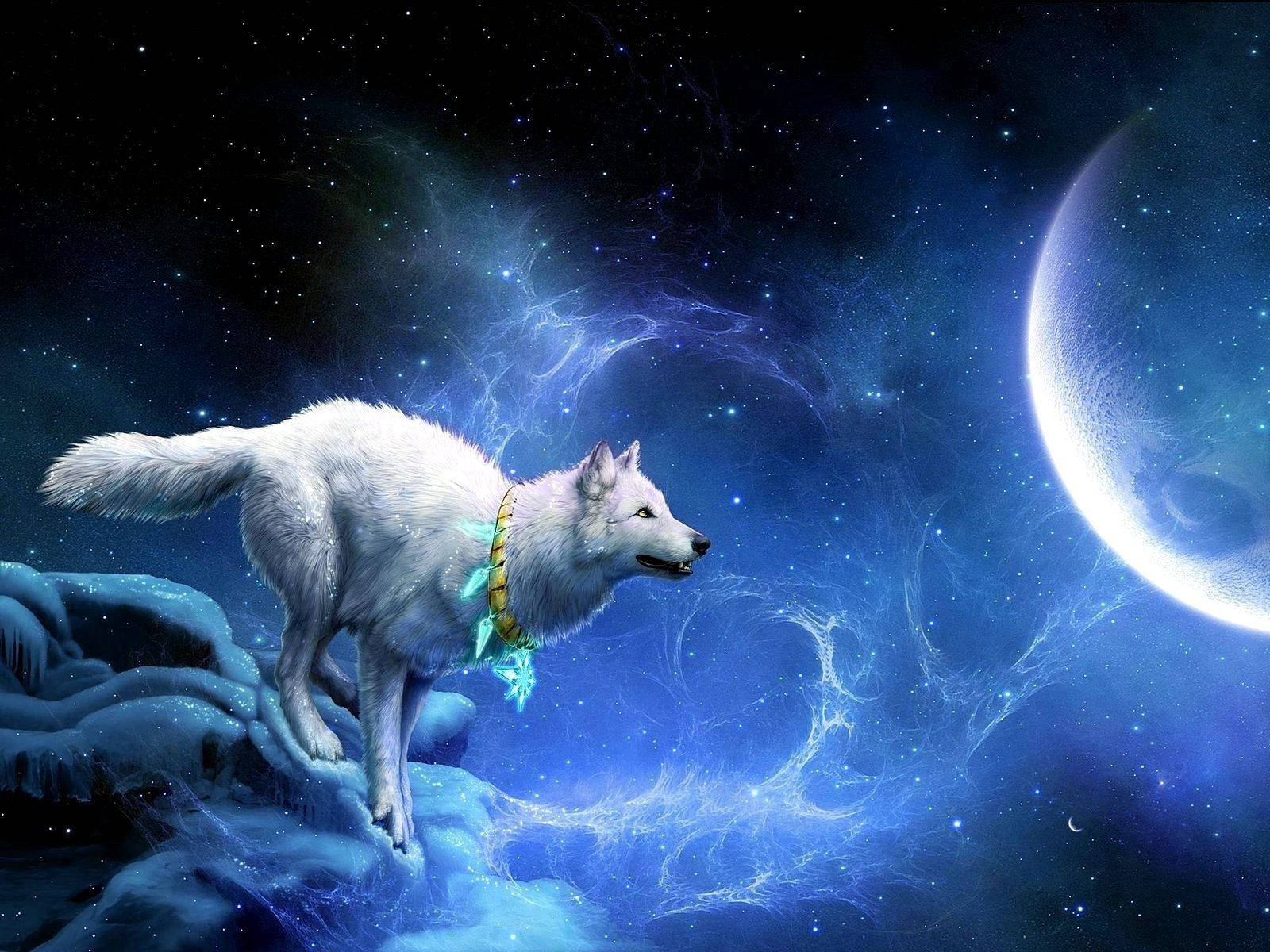 幻想中的白狼，佩戴著魔法項圈，準備躍上月亮，背景是夢幻的藍色星空。