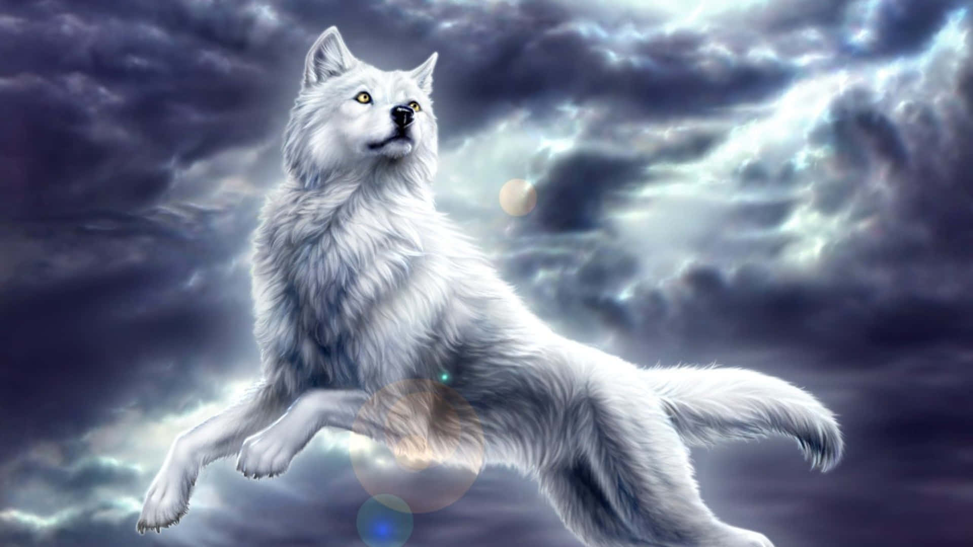 3d Animal 桌布 壁紙 — 一隻威嚴的白狼穿過暴風雨的天空，眼睛發光，雲層照明戲劇化。