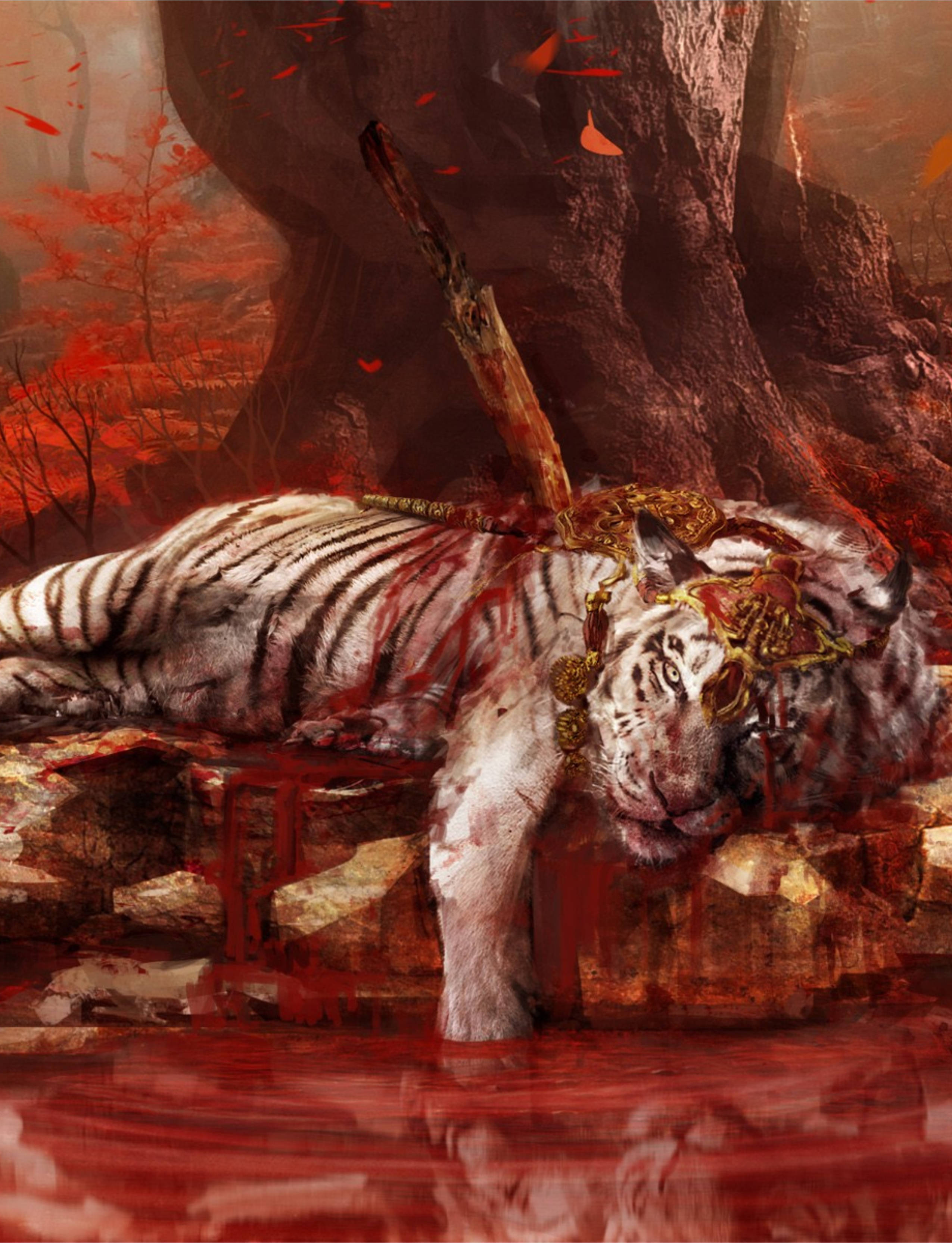 far cry iPhone 桌布 壁紙 — 一隻威嚴的白虎死在血染的森林中，紅葉飄落在其黃金裝飾的屍體周圍。