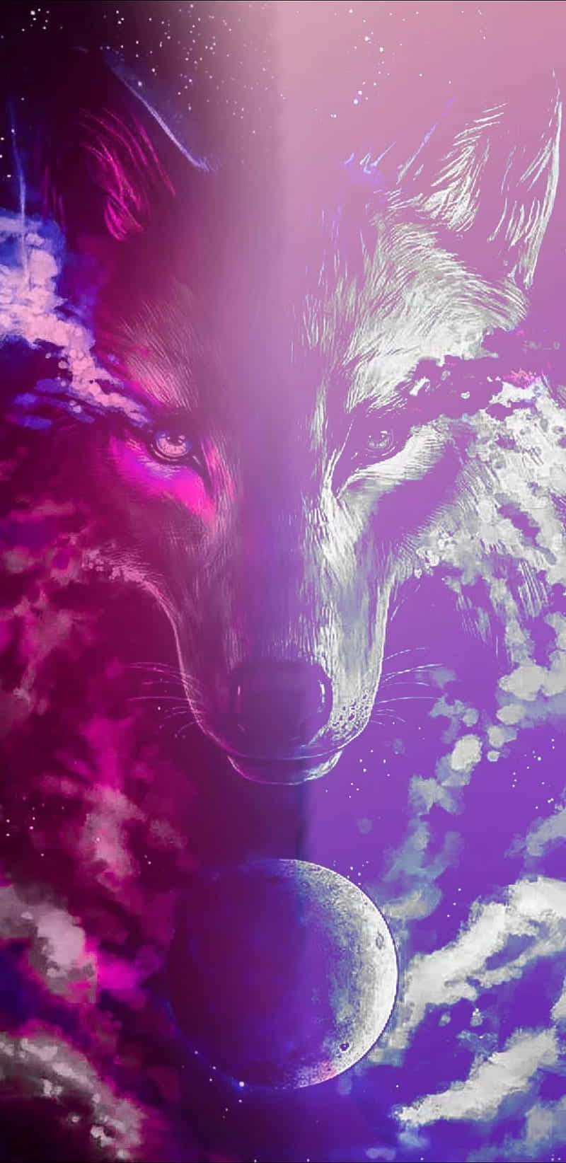 狼臉在紫色星雲和發光月亮的宇宙場景中。