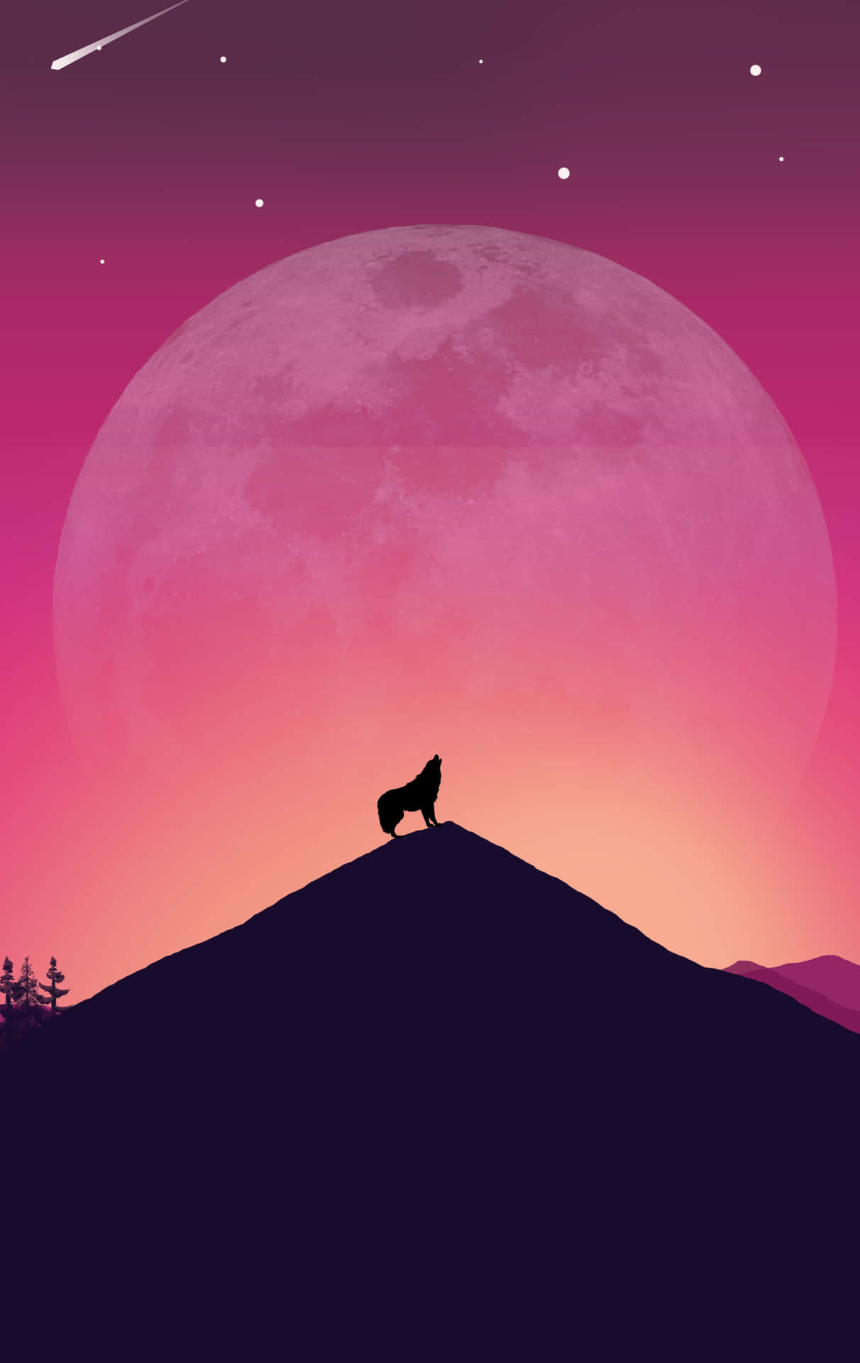 狼在粉紅月亮和流星下在山頂嚎叫