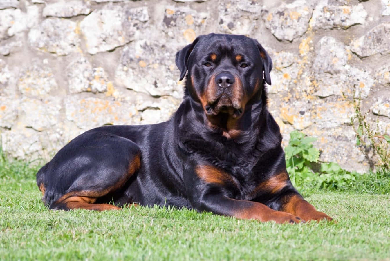 Rottweiler 桌布 壁紙 — 一隻威風凜凜的羅威納犬，擁有光澤的黑褐色毛髮，平靜地躺在充滿活力的綠色草地上，背景是一面風化的石牆。