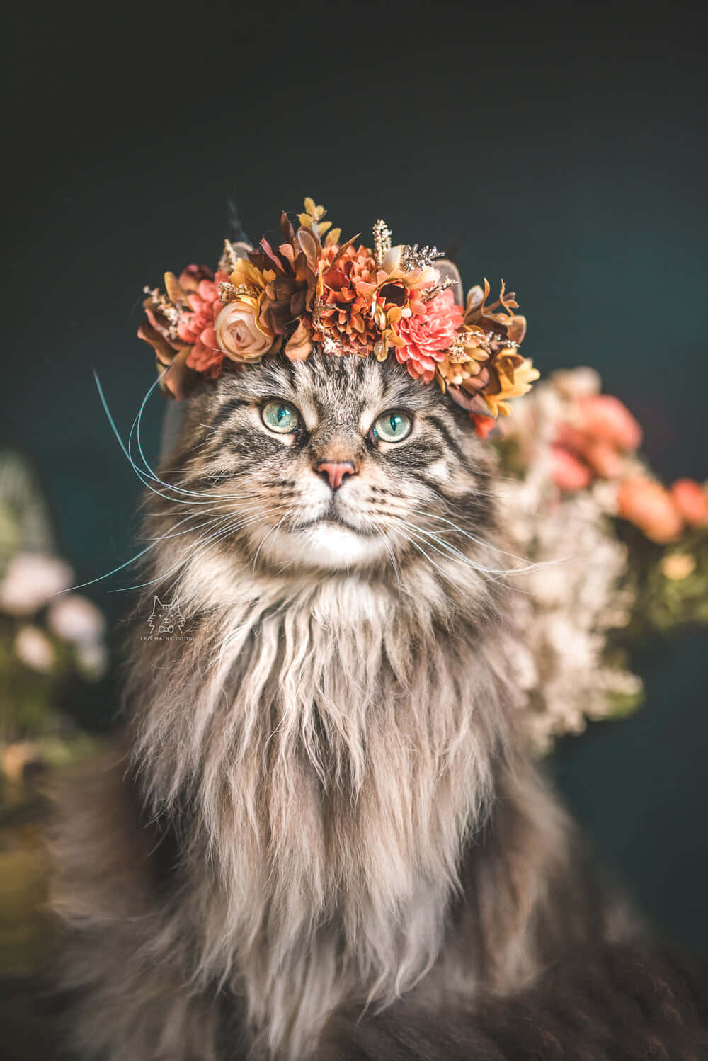 Beautiful Cats 桌布 壁紙 — 一隻威風凜凜的長毛貓，擁有引人注目的綠色眼睛，在陰暗的背景下戴著充滿活力的秋日花冠。