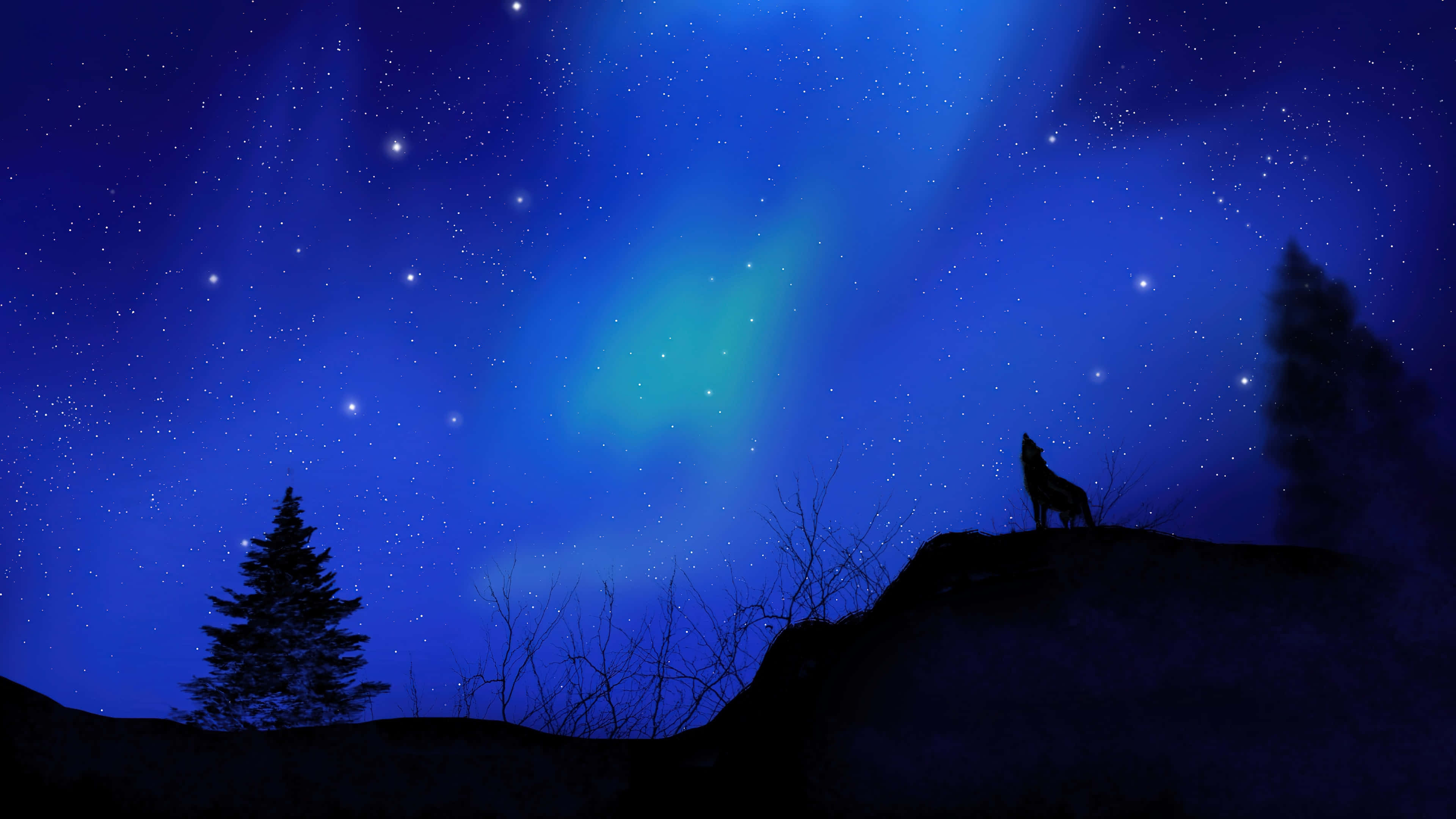 Wolf Silhouette 桌布 壁紙 — 一隻孤狼在山丘上對著絢麗的北極光和星空嚎叫。