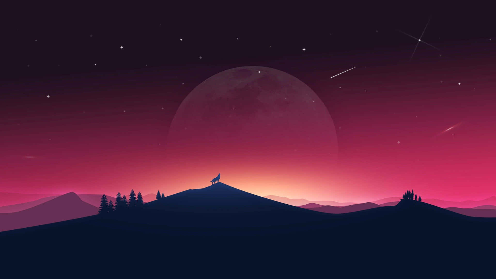  壁紙 — 一隻孤狼在巨大的粉紅月亮和繁星點點的暮色天空下，於山脊上嚎叫。