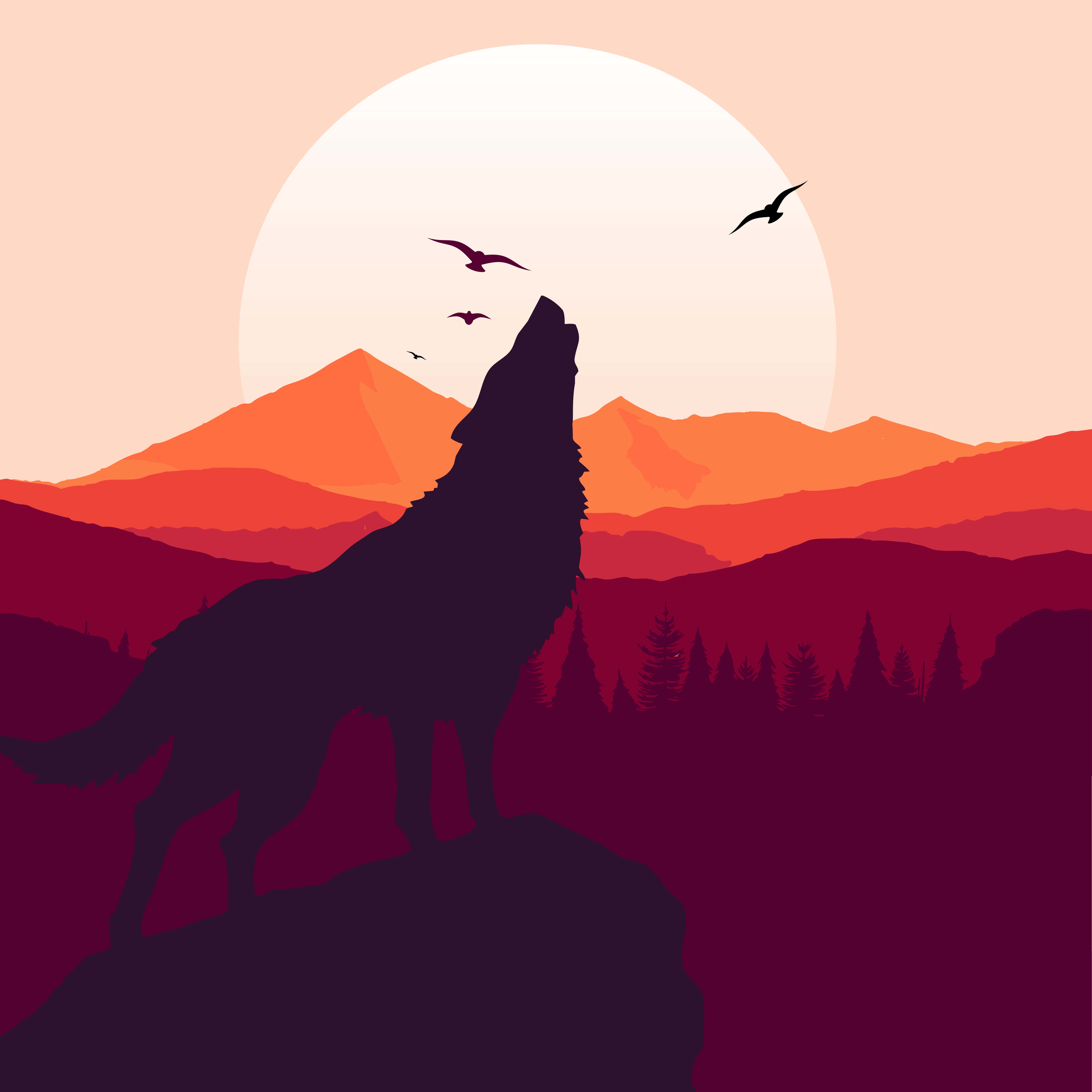 Wolf In Summer 桌布 壁紙 — 一隻孤狼在懸崖頂上，對著層巒疊嶂的山脈和飛鳥映襯下的鮮豔日落嚎叫。