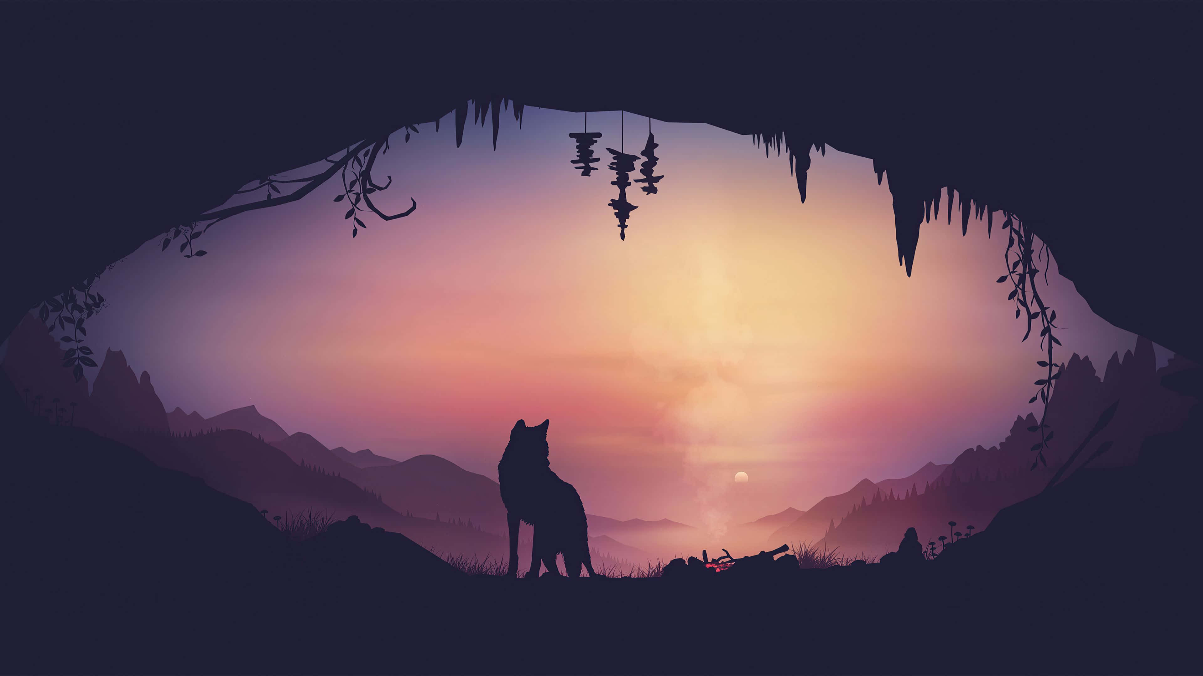 Wolf Silhouette 桌布 壁紙 — 一隻孤狼的剪影在洞穴內嚎叫，而 vibrant 的日落將遠山染成粉紅和橙色的色調。