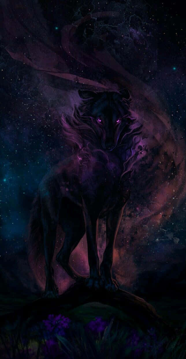一隻發光眼睛的黑狼站在星空宇宙場景中的岩石上。