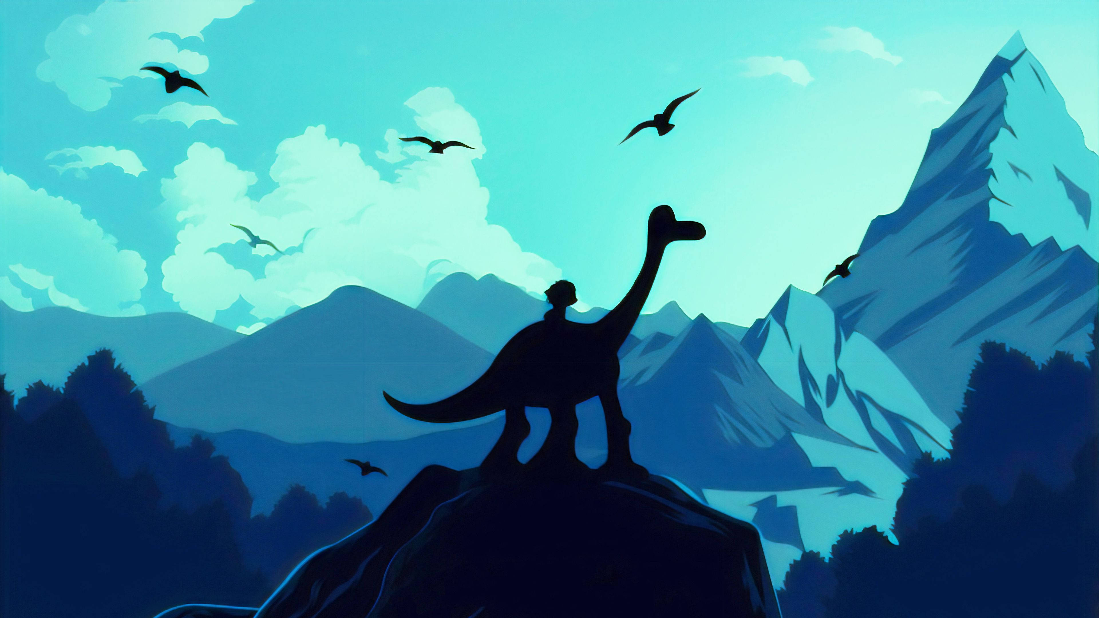 Cute Dinosaur 桌布 壁紙 — 一隻孤獨的恐龍剪影站在岩石山峰上，背景是青綠色的天空，有飛鳥和遠山。