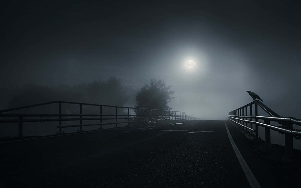 Dark Road 桌布 壁紙 — 一隻孤獨的烏鴉棲息在欄杆上，旁邊是一條霧氣瀰漫的道路，上方明亮的滿月投下詭異的陰影。