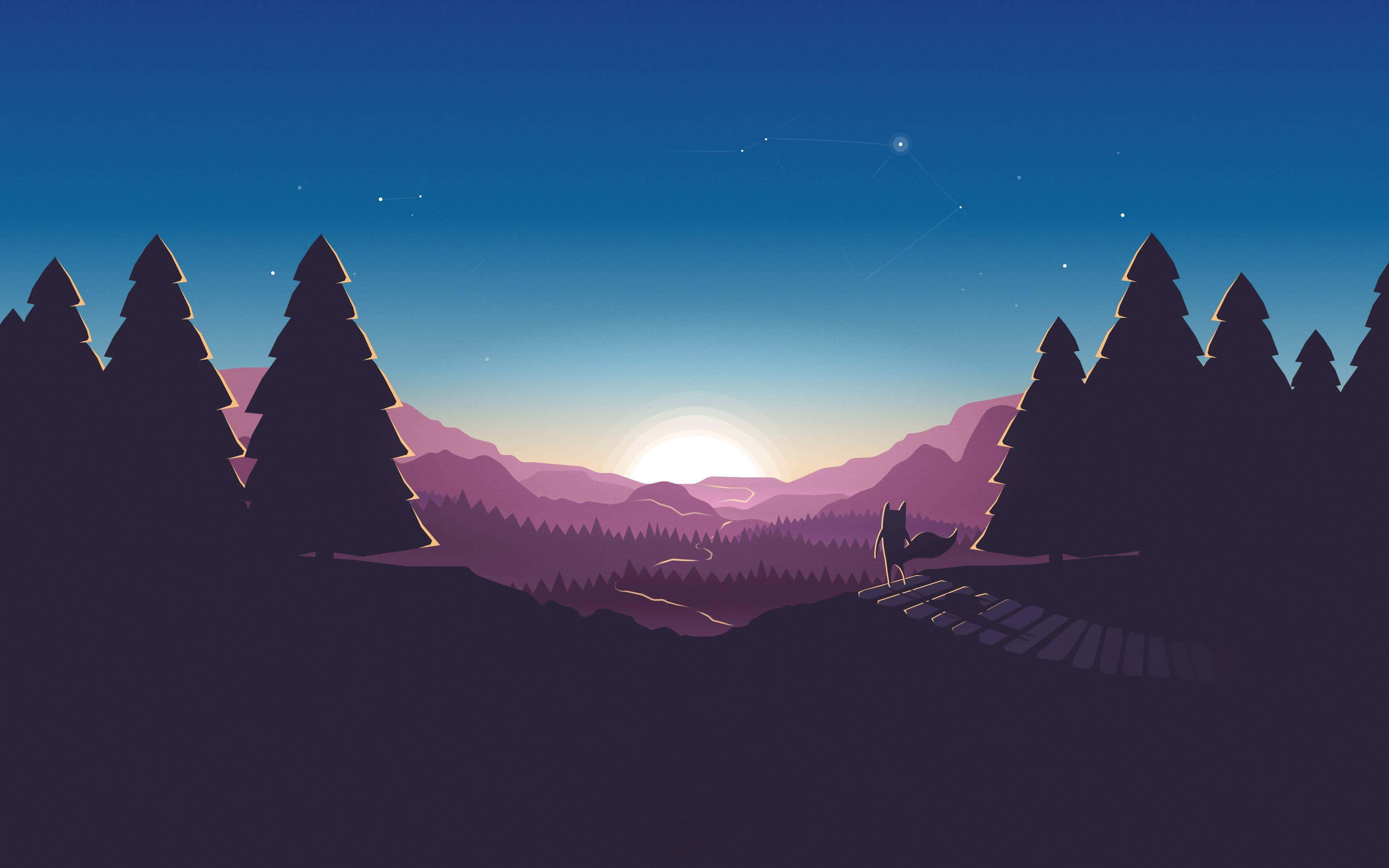Minimalist Sunset 桌布 壁紙 — 一隻孤獨的狐狸在黃昏時分站在木橋上，俯瞰著星空下紫色的山脈和松樹。
