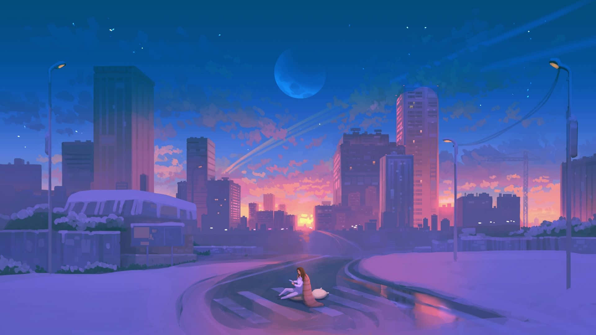 城市景觀 桌布 壁紙 — 一隻孤獨的狐狸坐在黃昏時分積雪的街道上，一輪發光的月亮在沐浴在粉紅色和紫色色調中的摩天大樓上升起。