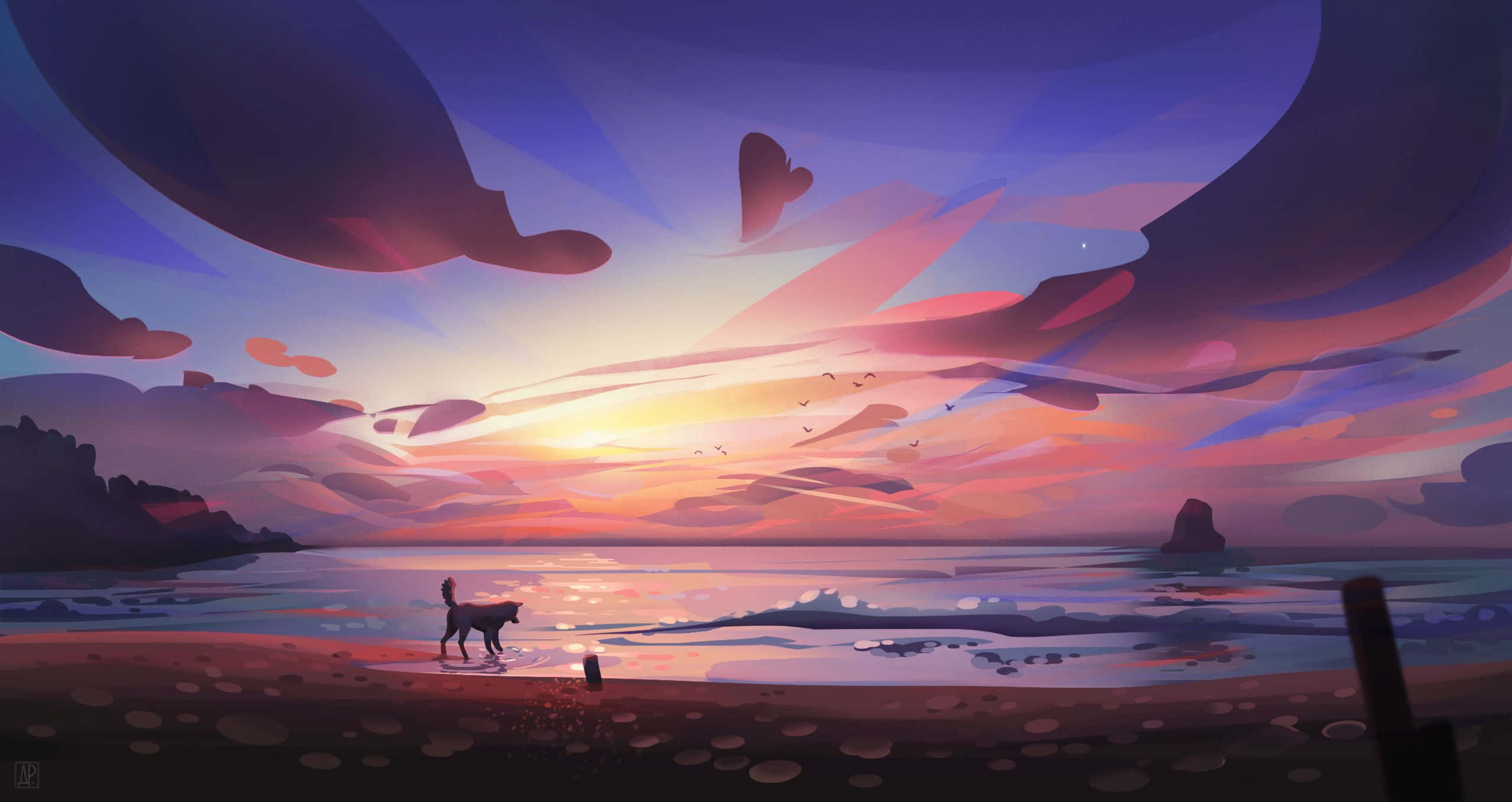 Minimal Art 桌布 壁紙 — 一隻孤獨的狗在日落時分沿著寧靜的海灘漫步，天空中有鮮豔的紫色、粉紅色和橙色雲彩。