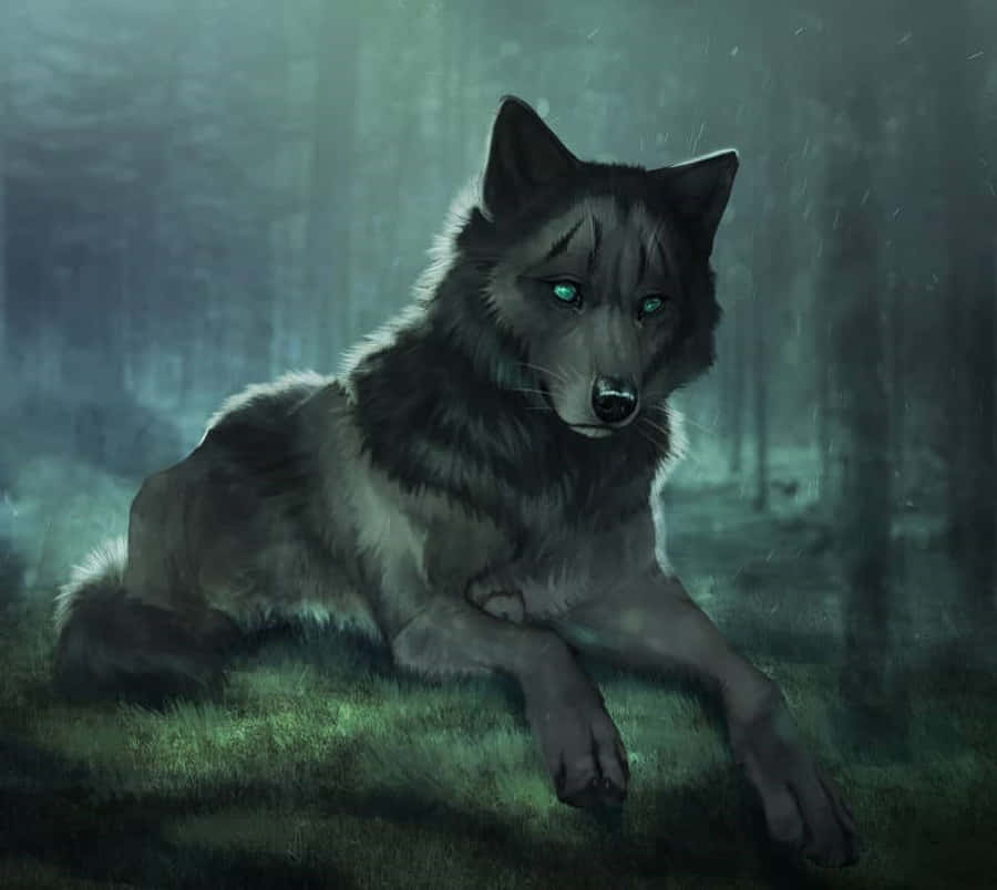 Wolf Art 桌布 壁紙 — 一隻孤獨的狼，擁有發光的綠色眼睛，在雨夜的天空下，於迷霧森林中休息。