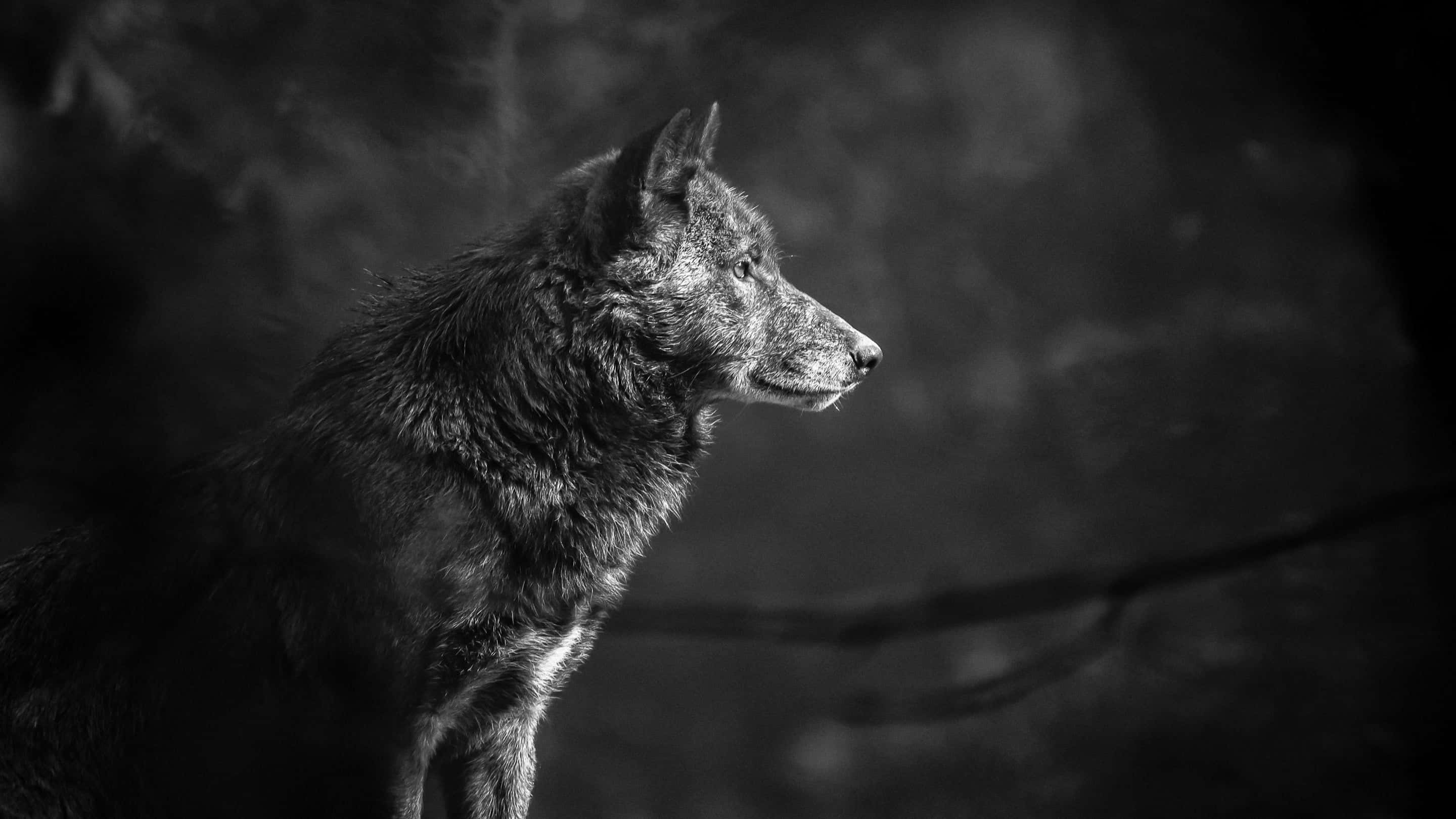 Gray Wolf 桌布 壁紙 — 一隻孤獨的狼以單色調警覺地站在黑暗模糊的森林背景前，氣氛迷濛。