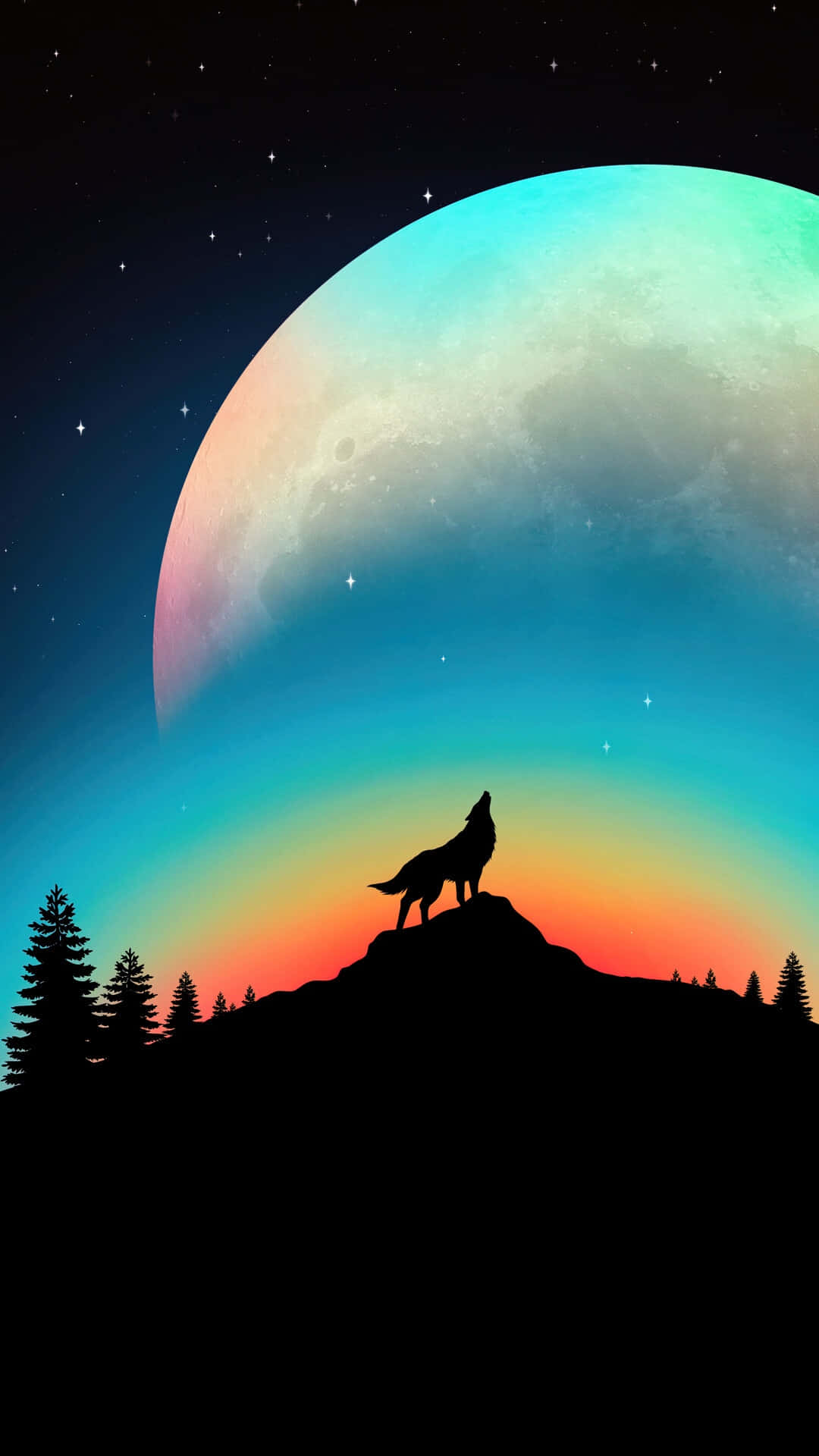 Wolf Silhouette 桌布 壁紙 — 一隻孤獨的狼在巨大的彩色月亮和星空下，在山頂上嚎叫。