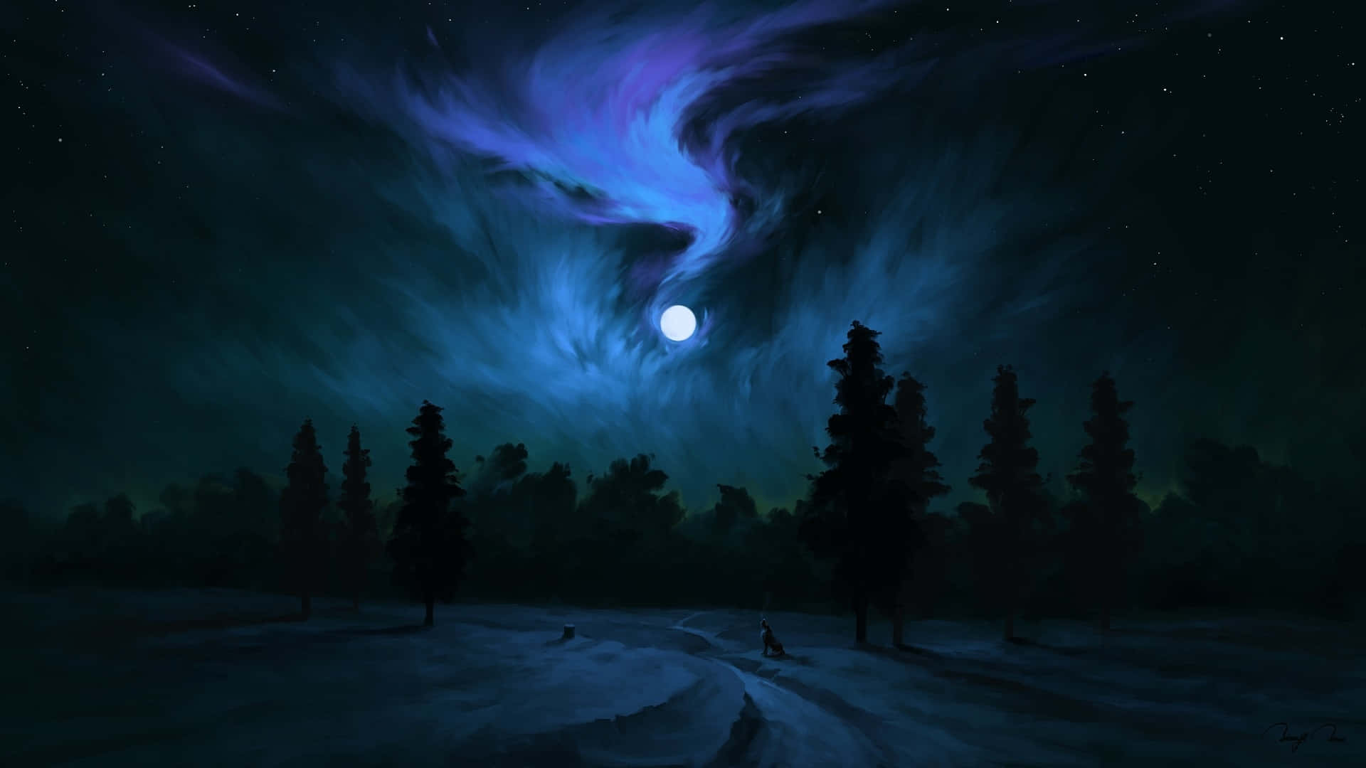 Dark Night 桌布 壁紙 — 一隻孤獨的狼坐在雪徑上，下方是黑暗的松樹林，上方是旋轉的藍色極光和滿月。