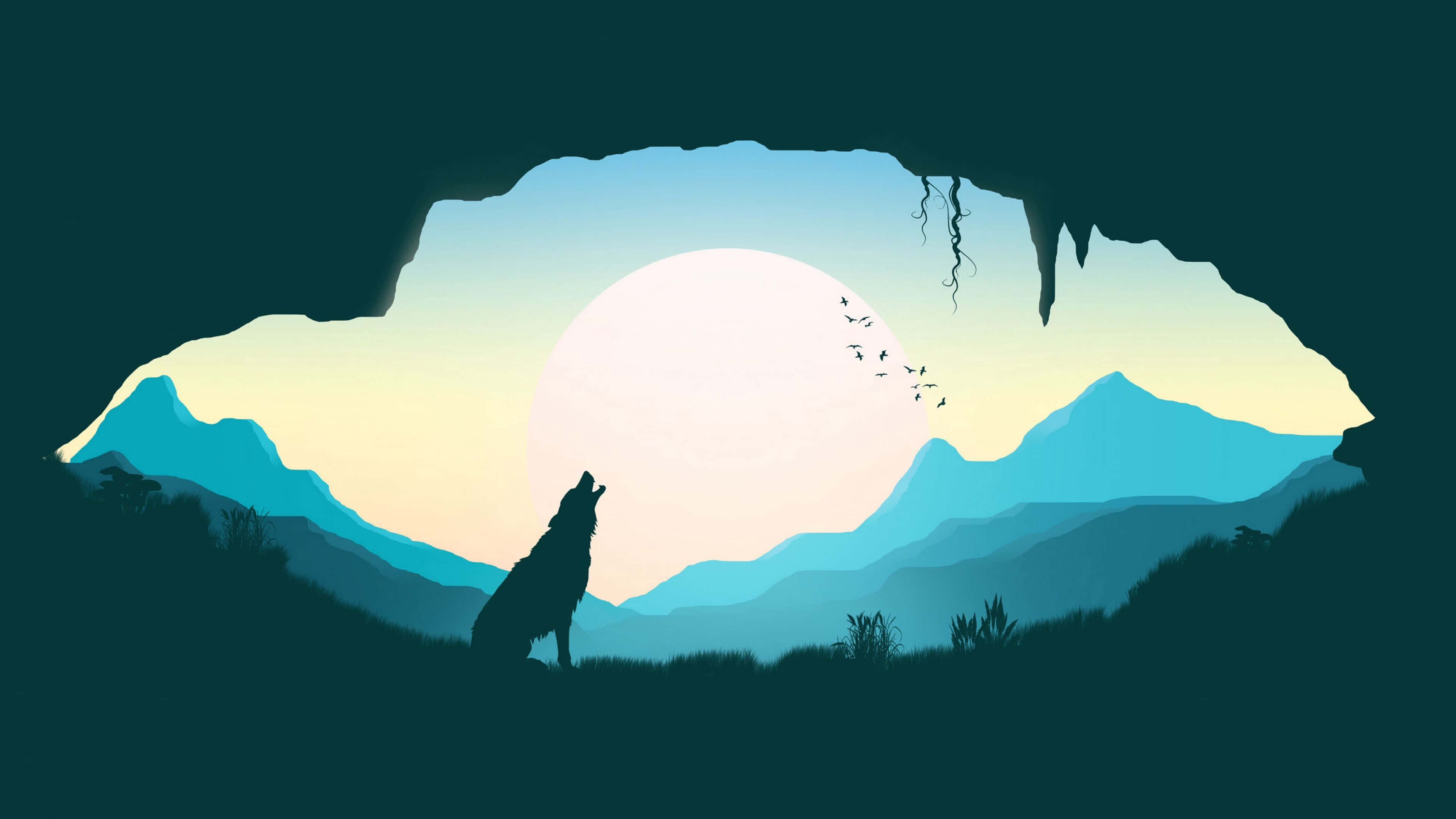 Wolf Minimalist 桌布 壁紙 — 一隻孤獨的狼對著一個發光的月亮嚎叫，月亮被一個洞穴開口框住，俯瞰著層疊的藍色山脈。