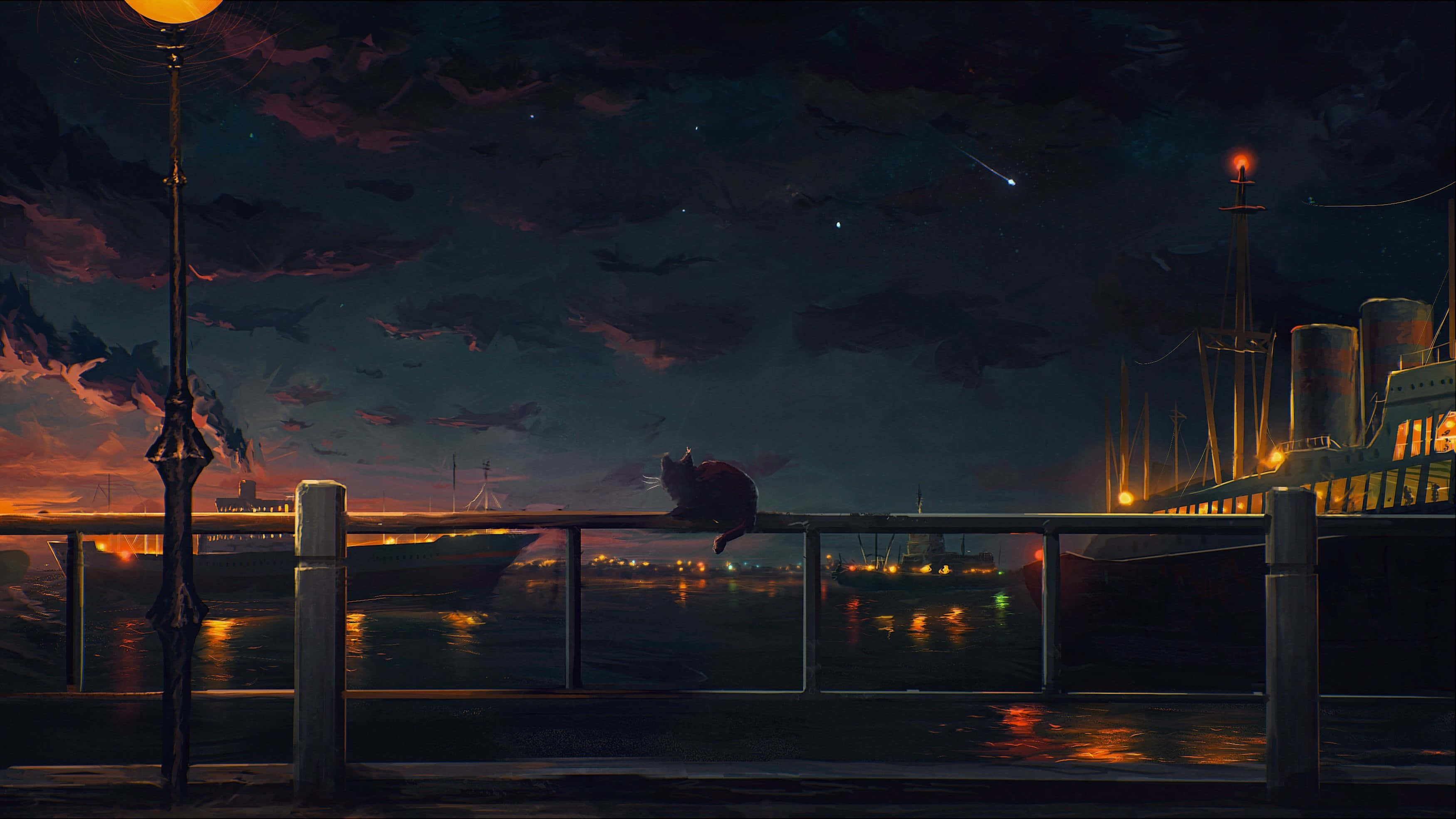 Aesthetic Anime City 桌布 壁紙 — 一隻孤獨的貓棲息在欄杆上，俯瞰著星光燦爛的夜晚港口，有發光的船隻和一顆流星劃過天際。