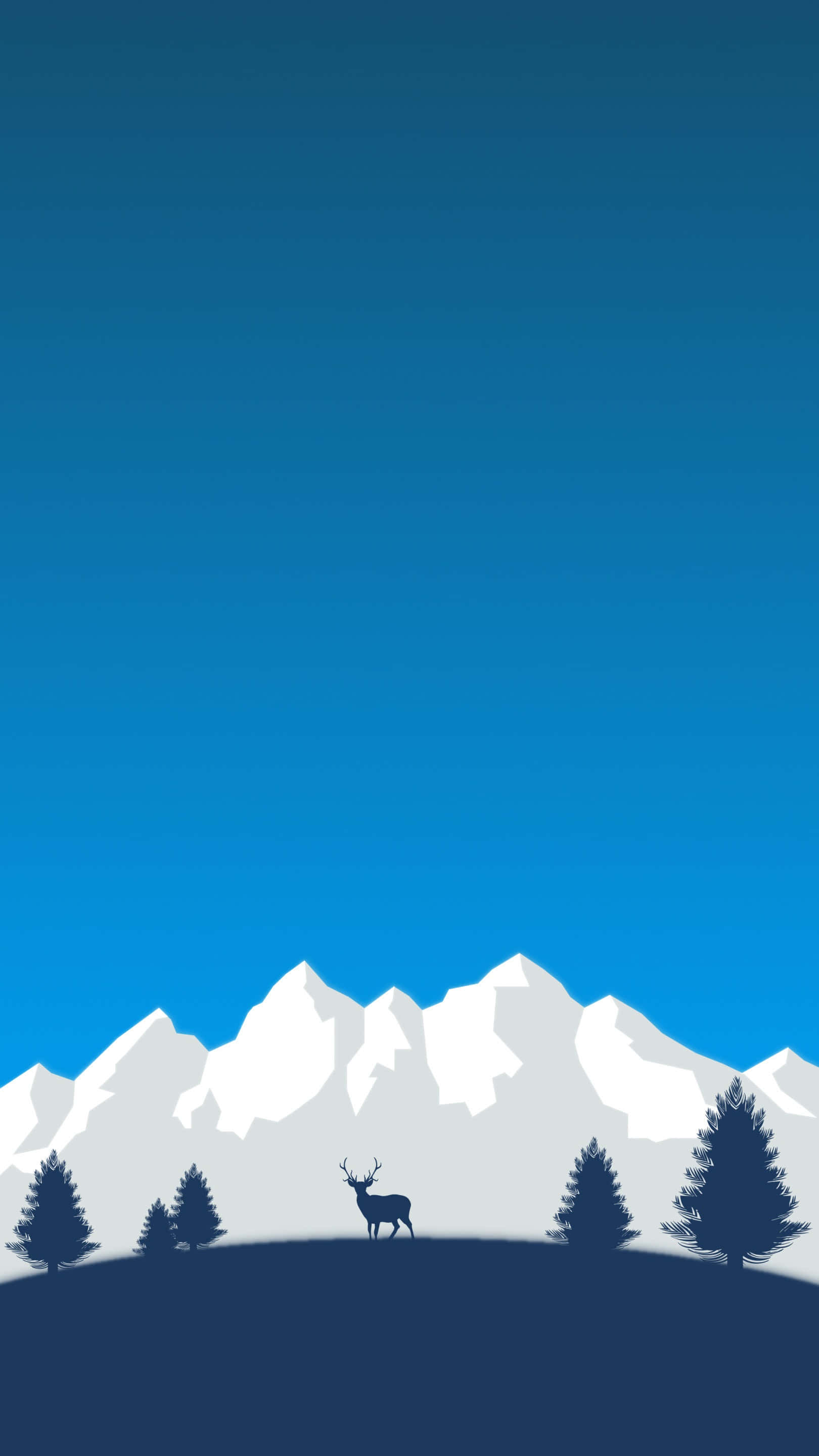 Minimalist Phone 桌布 壁紙 — 一隻孤獨的鹿站在山丘上，背景是白雪覆蓋的山脈，天空清澈湛藍，周圍有常青樹。