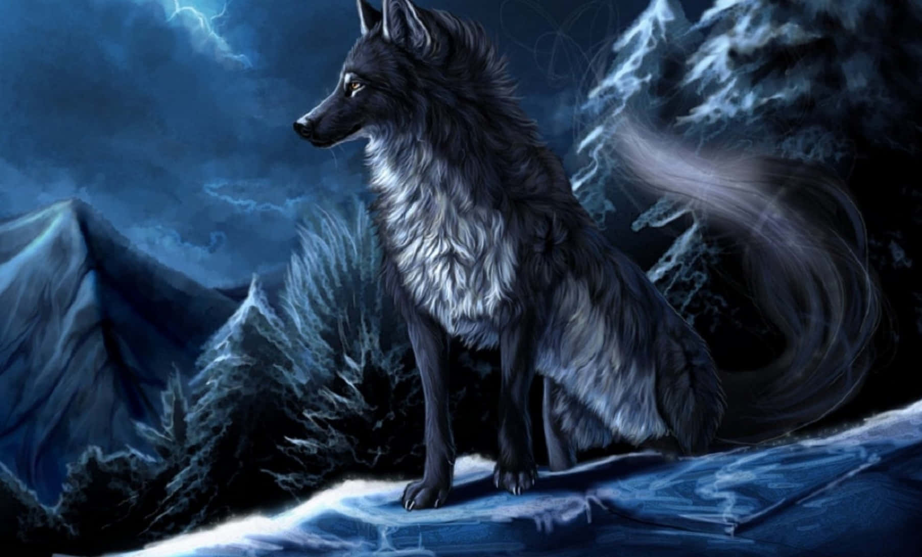 anime wolf 桌布 壁紙 — 一隻孤獨的黑狼，眼睛發光，警覺地坐在白雪覆蓋的山峰上，背景是雷電交加的暴風雨夜空。