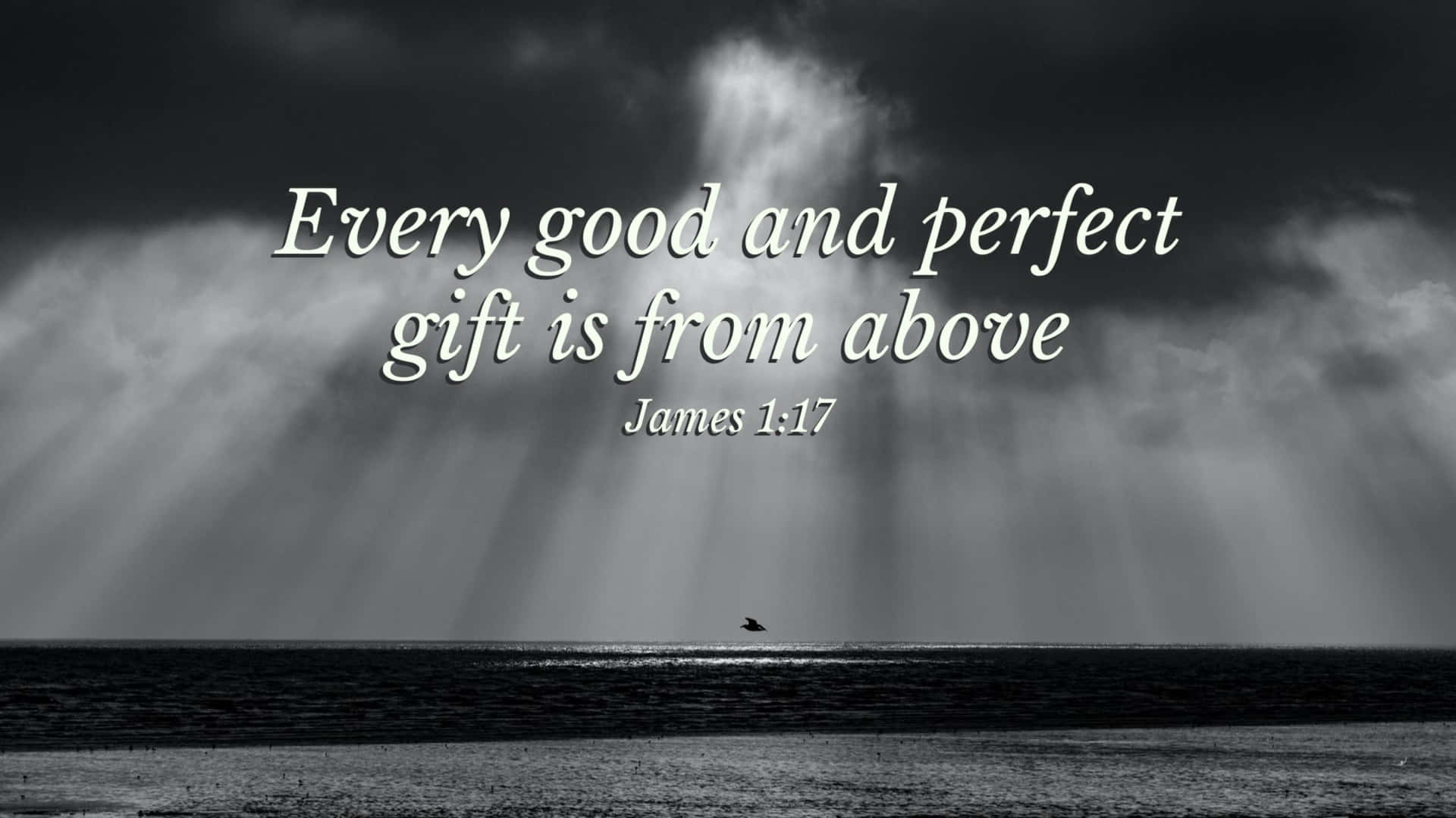 Bible Verse Desktop 桌布 壁紙 — 一隻孤鳥在平靜的海面上飛翔，下方是戲劇性的雲層，被神聖的光線穿透，並覆蓋著鼓舞人心的文字。