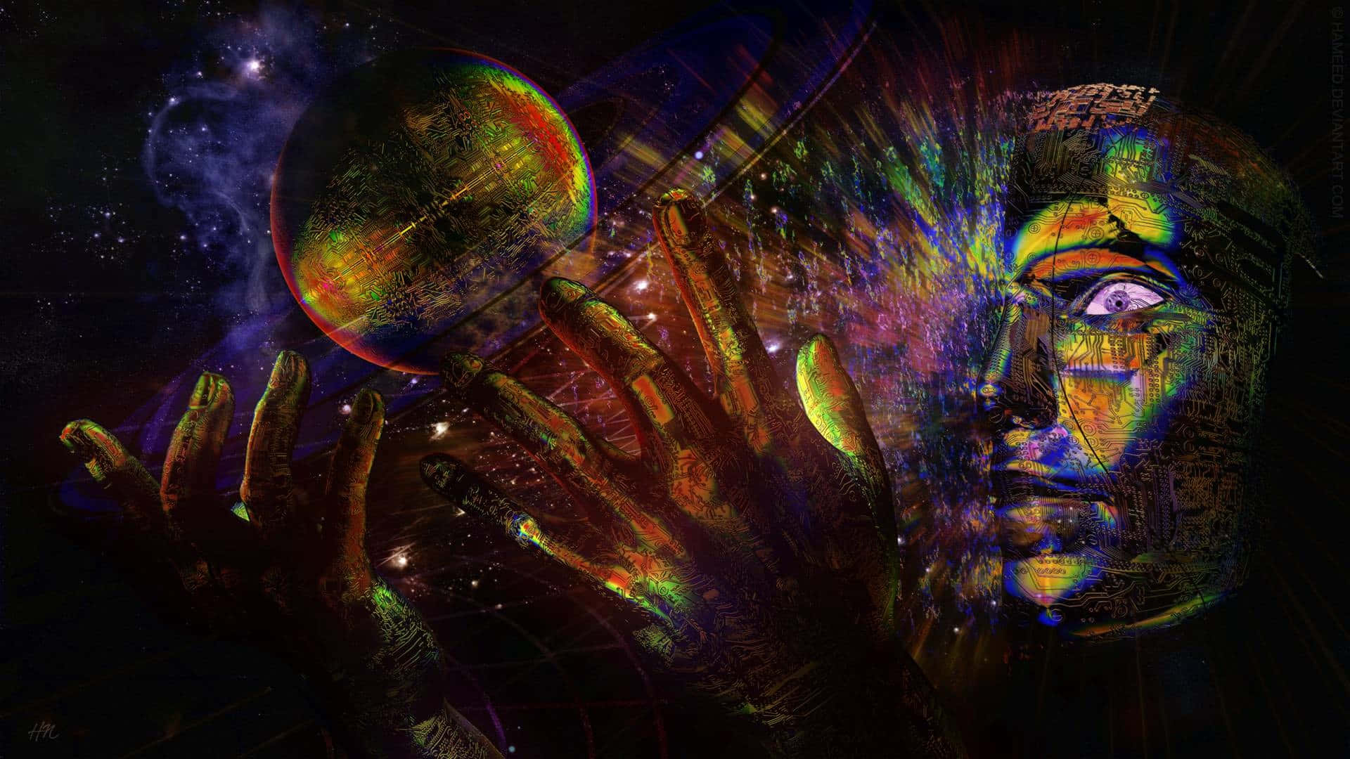 Psychedelic 3d Art 桌布 壁紙 — 一隻宇宙之手伸向一顆發光的行星，背景是繁星點點的虛空，一張破碎的臉散發出彩虹般的光芒。