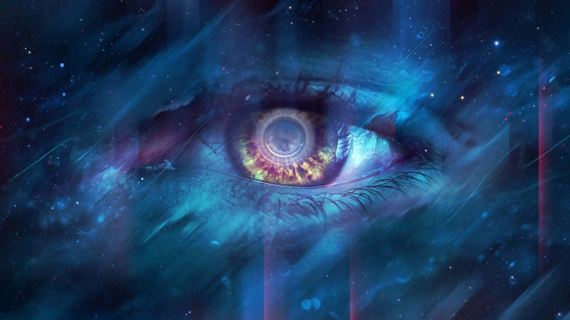 太空 桌布 壁紙 — 一隻宇宙之眼，虹膜中旋轉著星雲和星場，凝視著夢幻般的星系。