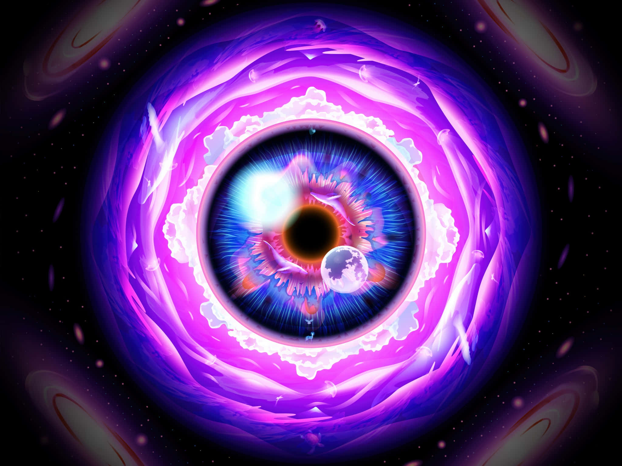 Eye 桌布 壁紙 — 一隻宇宙之眼，虹膜中有旋轉的紫色能量和一輪發光的月亮，背景是繁星點點的虛空。