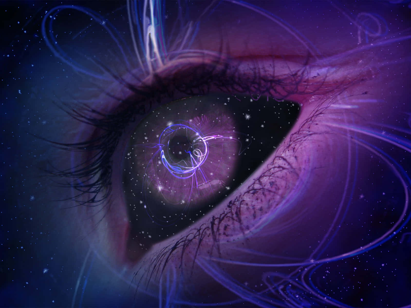 一隻充滿星星和宇宙漩渦的人類眼睛，散發著紫色和藍色的光芒。 — 星空夜 壁紙
