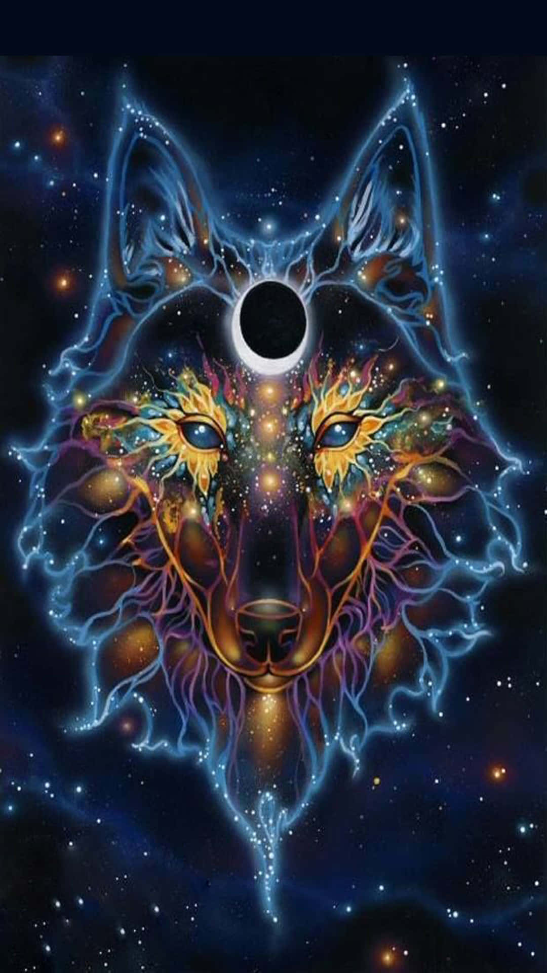 Trippy Animals 桌布 壁紙 — 一隻宇宙狼，擁有發光的眼睛和電藍色毛髮，背景是星空夜空，額頭上有日食。