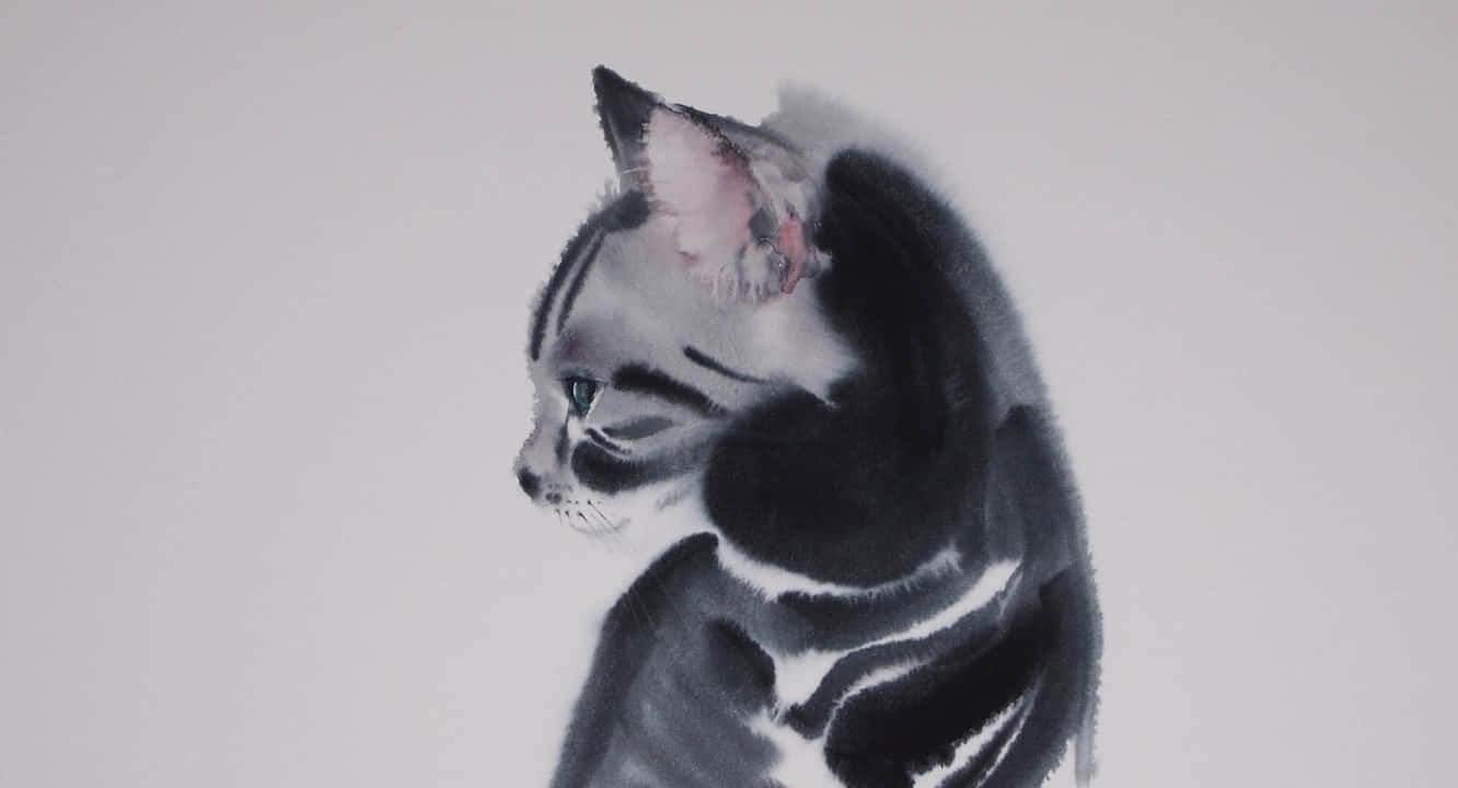 Charcoal Drawings 桌布 壁紙 — 一隻寧靜的黑白貓，以柔和的水彩和細膩的筆觸繪製，背景是純淺灰色。