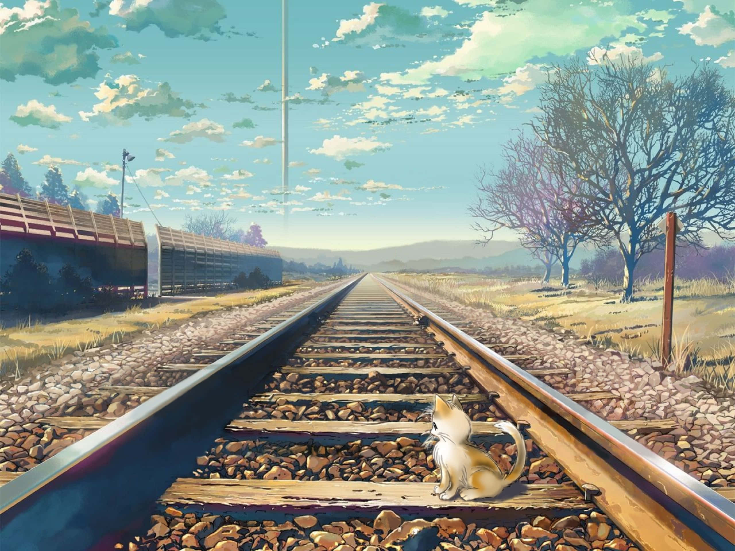Makoto Shinkai 桌布 壁紙 — 一隻小狐狸坐在鐵路軌道上，在晴朗的天空和散落的雲朵下凝視遠方。