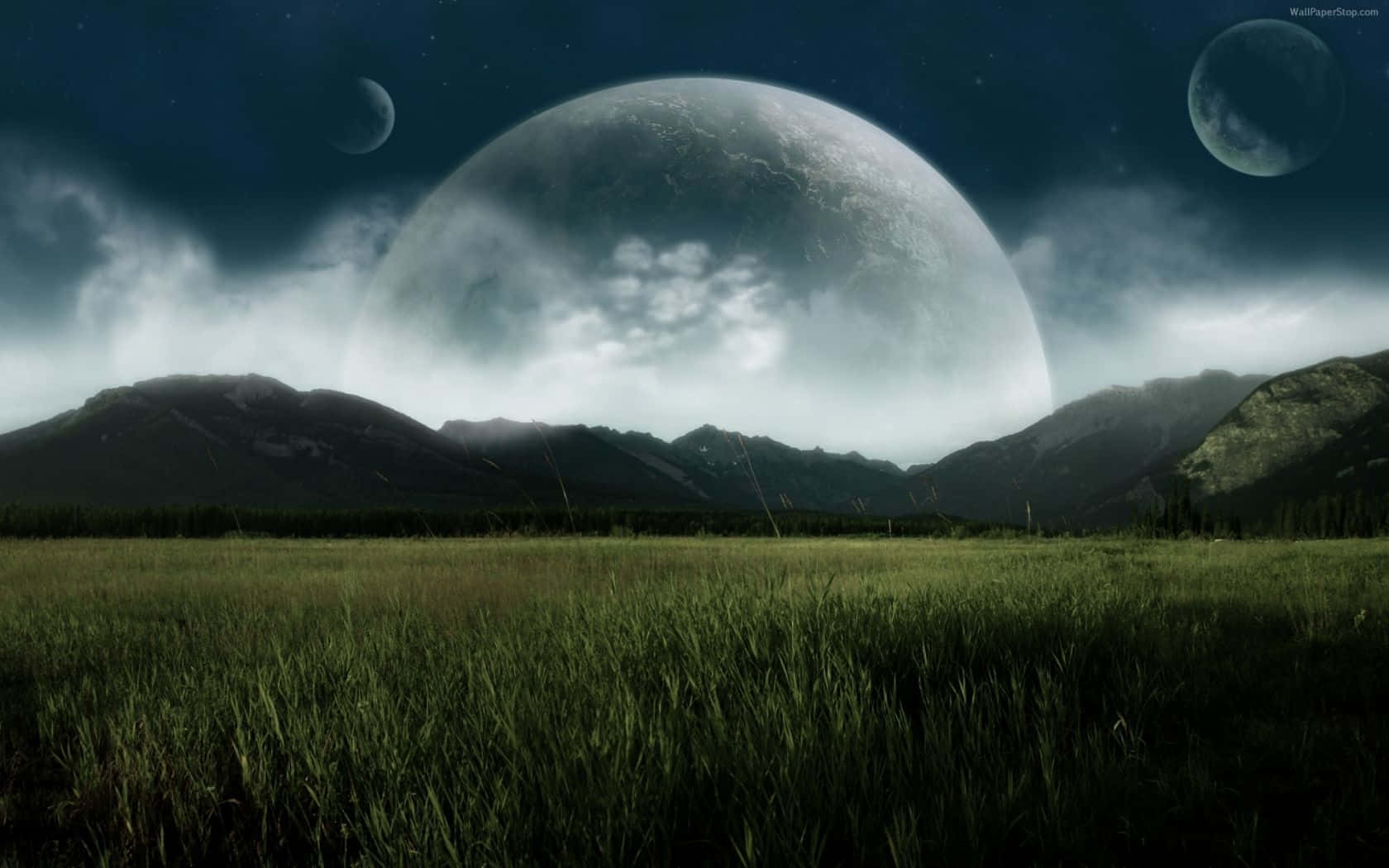 一個有山脈的草地，在夜空下有三個大月亮。