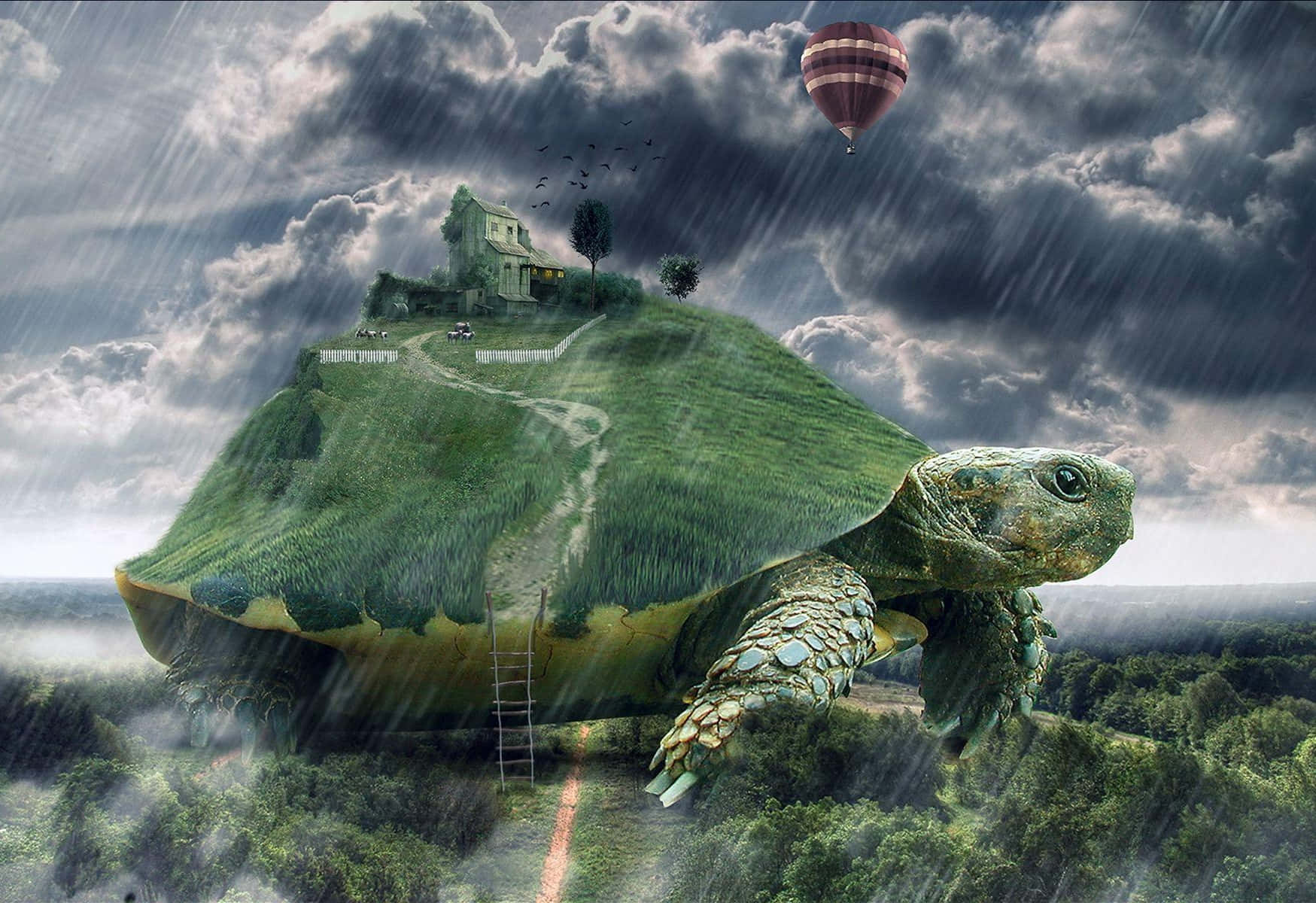tortoise 桌布 壁紙 — 一隻巨型烏龜背負著一個綠意盎然的山頂，上面有房子和小路，天空風雨交加，一隻熱氣球在上方飄浮。