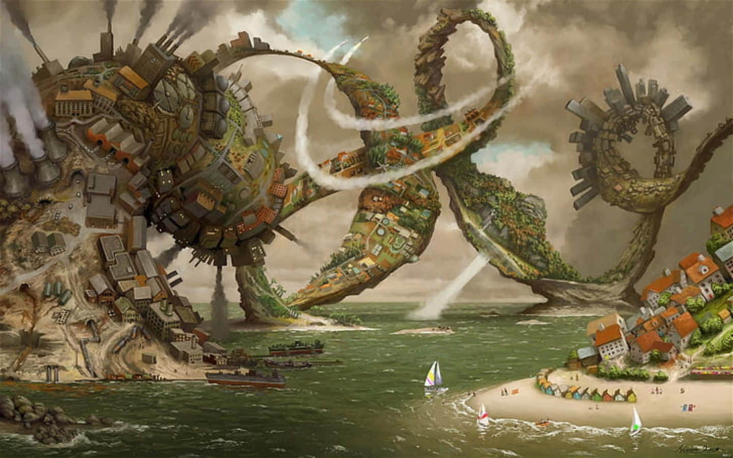 Surrealism 桌布 壁紙 — 一隻巨大、長滿青苔的章魚，帶有城市景觀的觸手，從海中升起，其觸手在沿海城鎮和船隻上空盤旋。