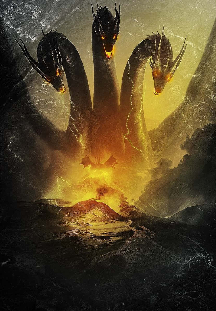 King Ghidorah 桌布 壁紙 — 一隻巨大的三頭龍，擁有發光的橙色眼睛和周圍噼啪作響的閃電，從黑暗風暴景觀中的火山噴發中出現。