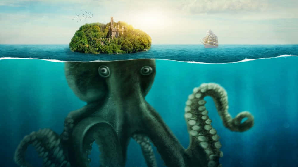 Kraken 桌布 壁紙 — 一隻巨大的八爪魚支撐著一個鬱鬱蔥蔥的島嶼，島上有城堡在水面上，遠處有一艘船在航行。
